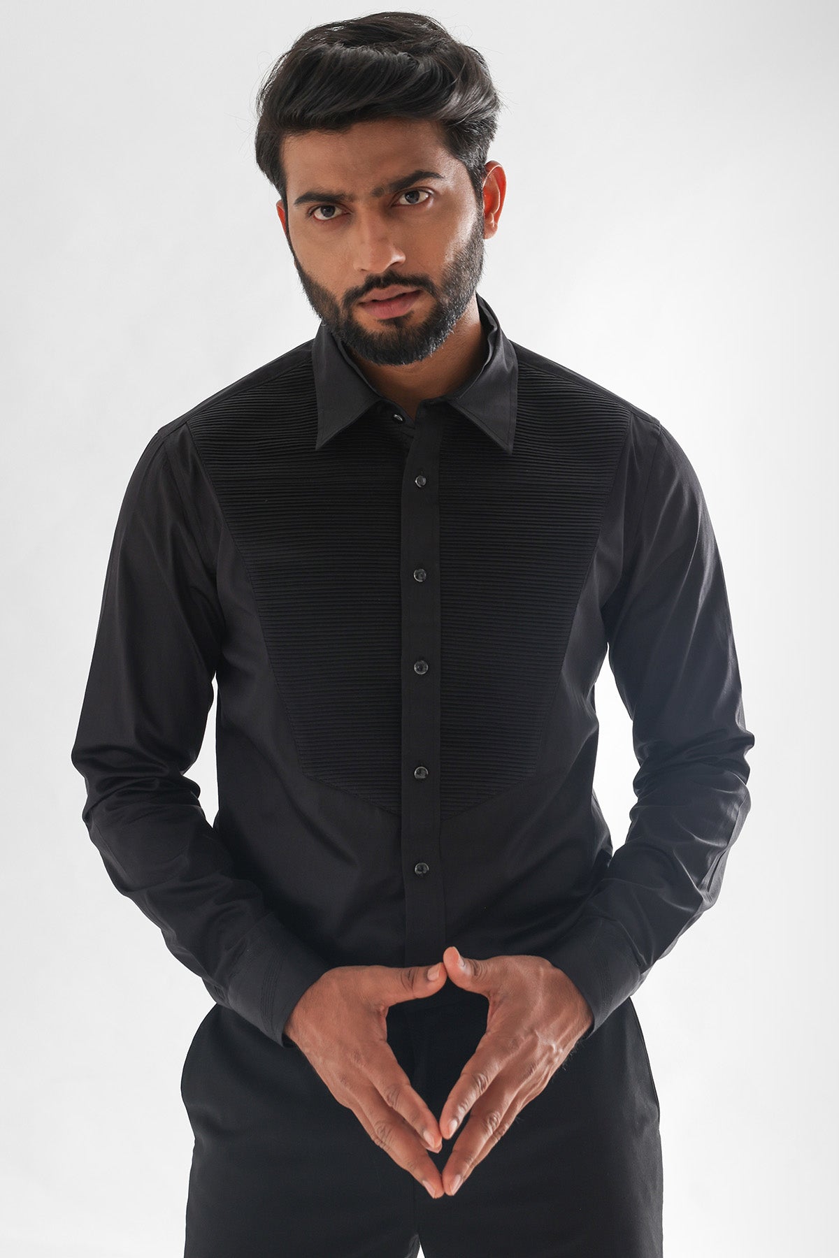 Buy Black Horizontal Pintucks Shirt for men by Paarsh Atelier online available at scrollnshops