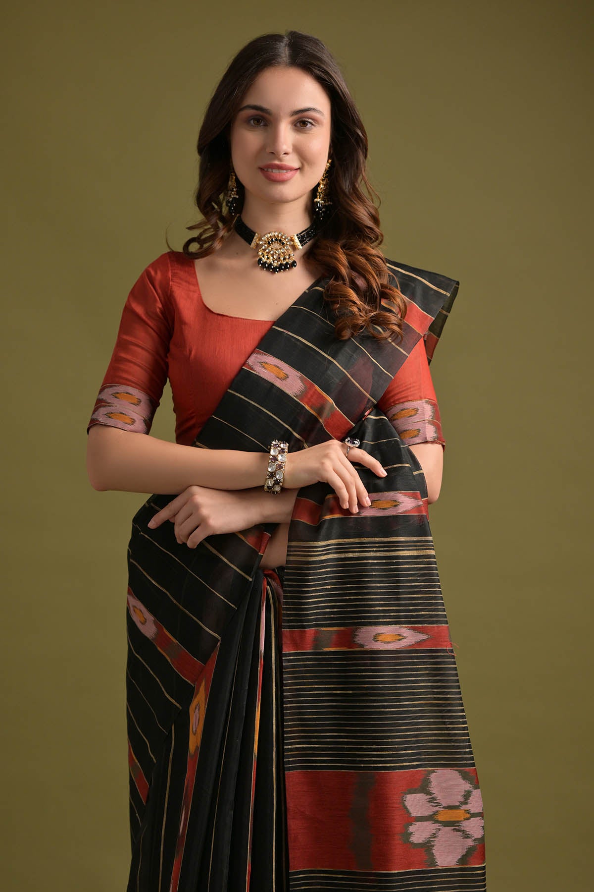 Black Ikkat Cotton Printed Saree