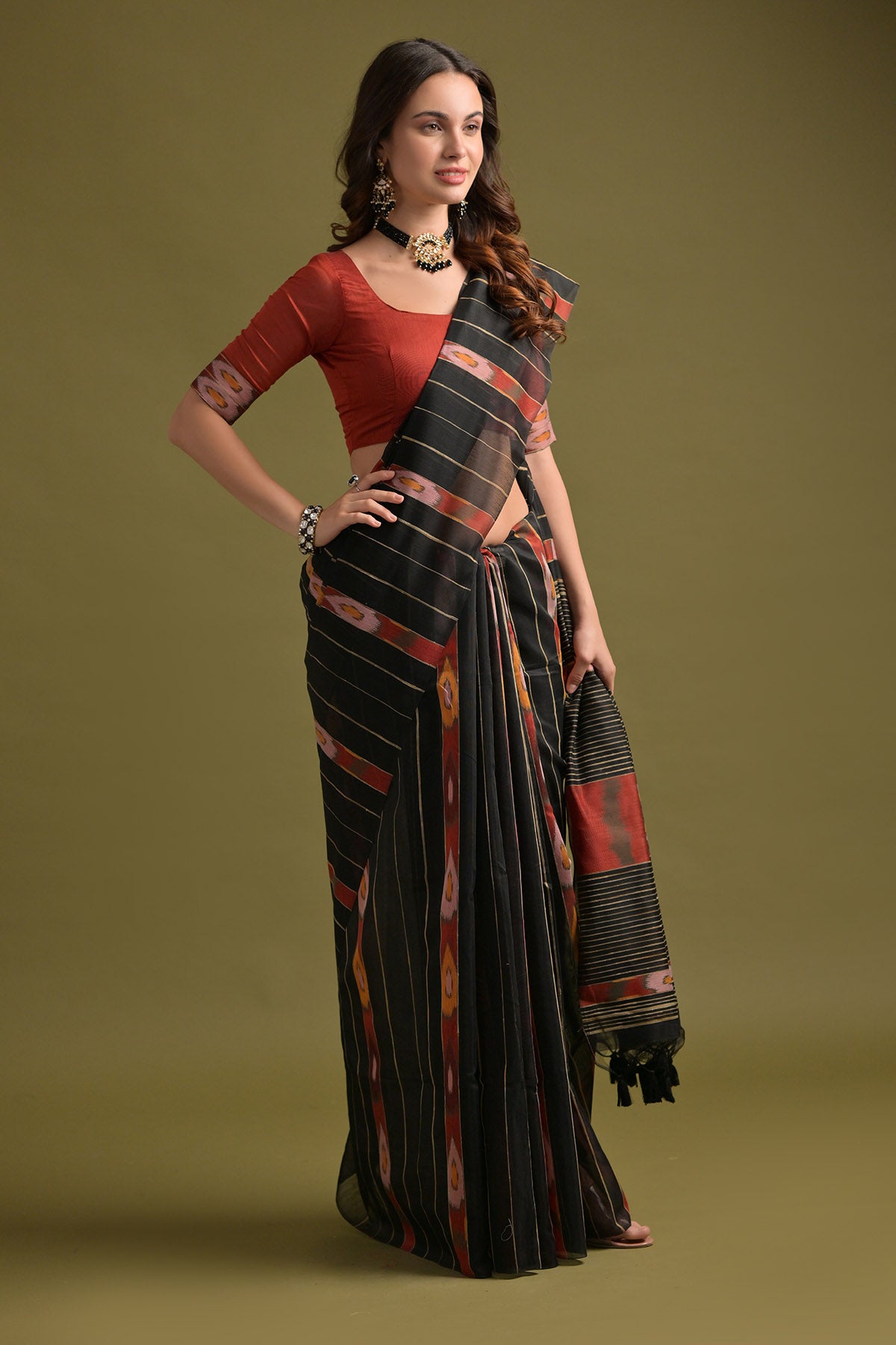 Black Ikkat Cotton Printed Saree