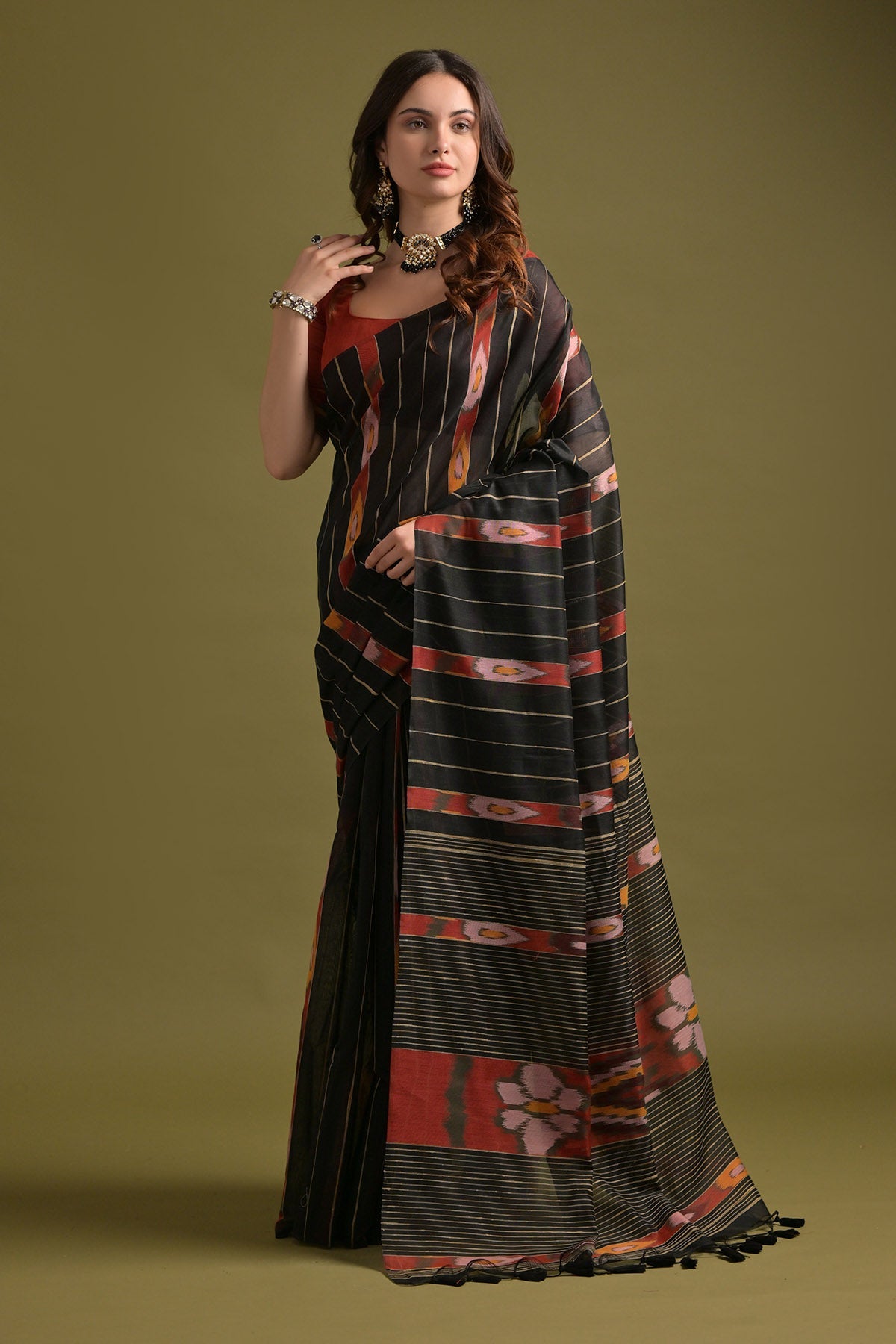 Buy Black Ikkat Cotton Printed Saree by Lili Lala for women online at ScrollnShops