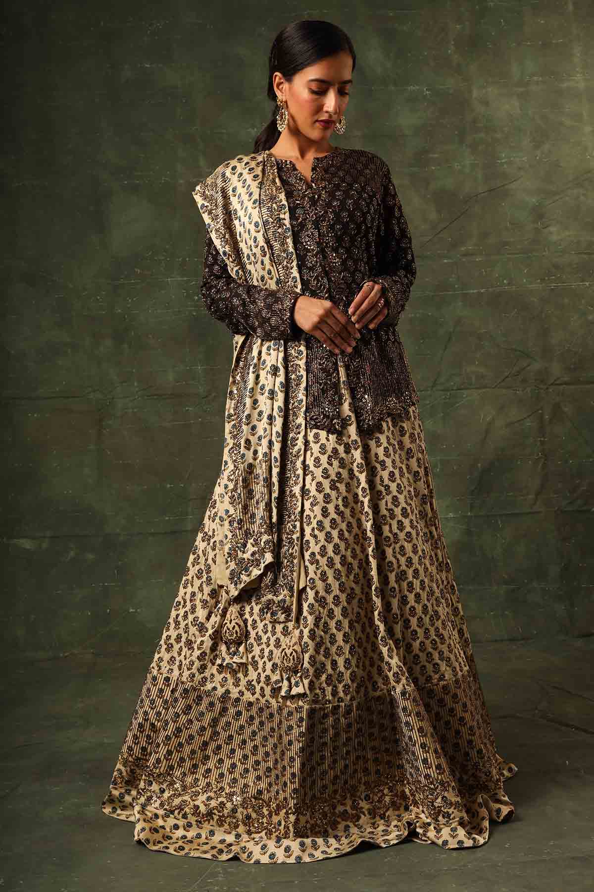 Sejal Kamdar Black & Ivory Ajrakh Lehenga Set for women online at ScrollnShops