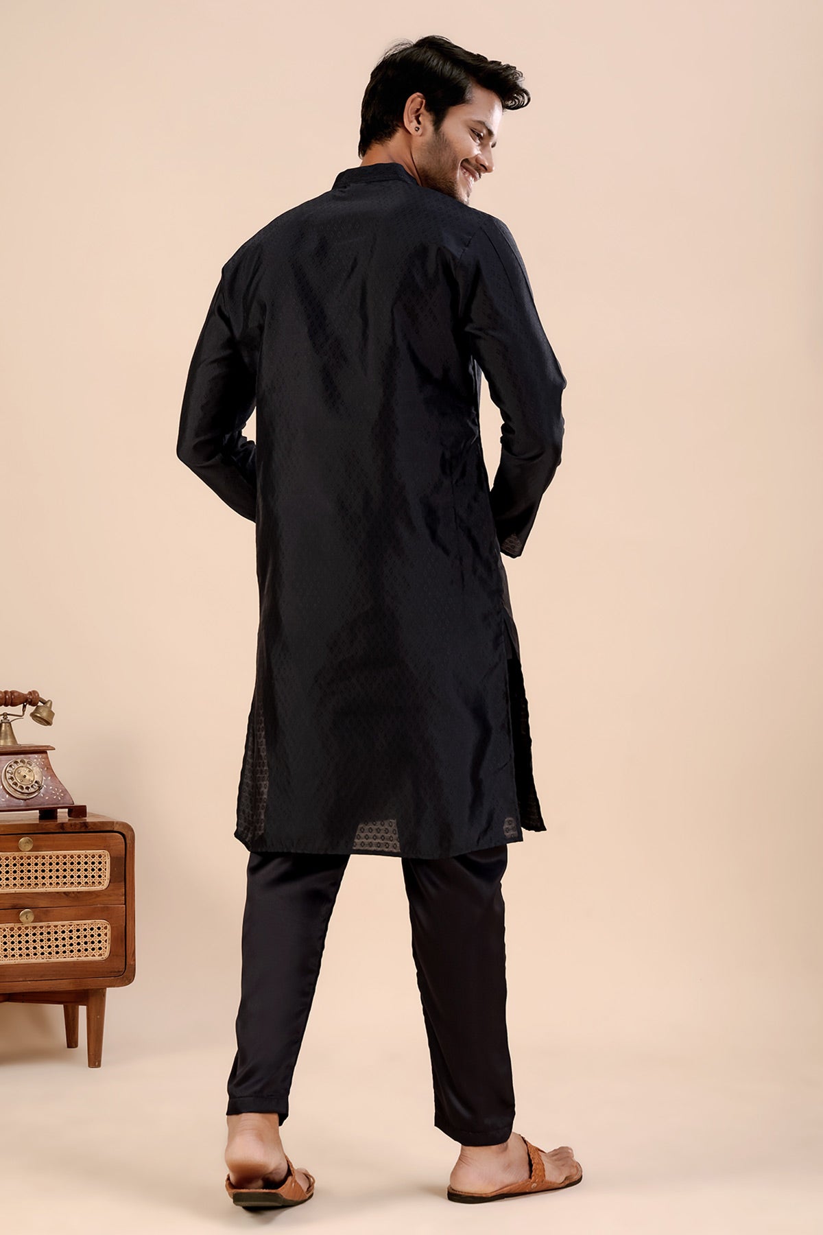 Black Jhimi Silk Collar Kurta