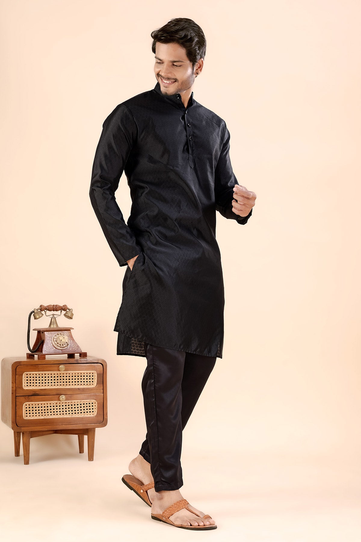 Black Jhimi Silk Collar Kurta