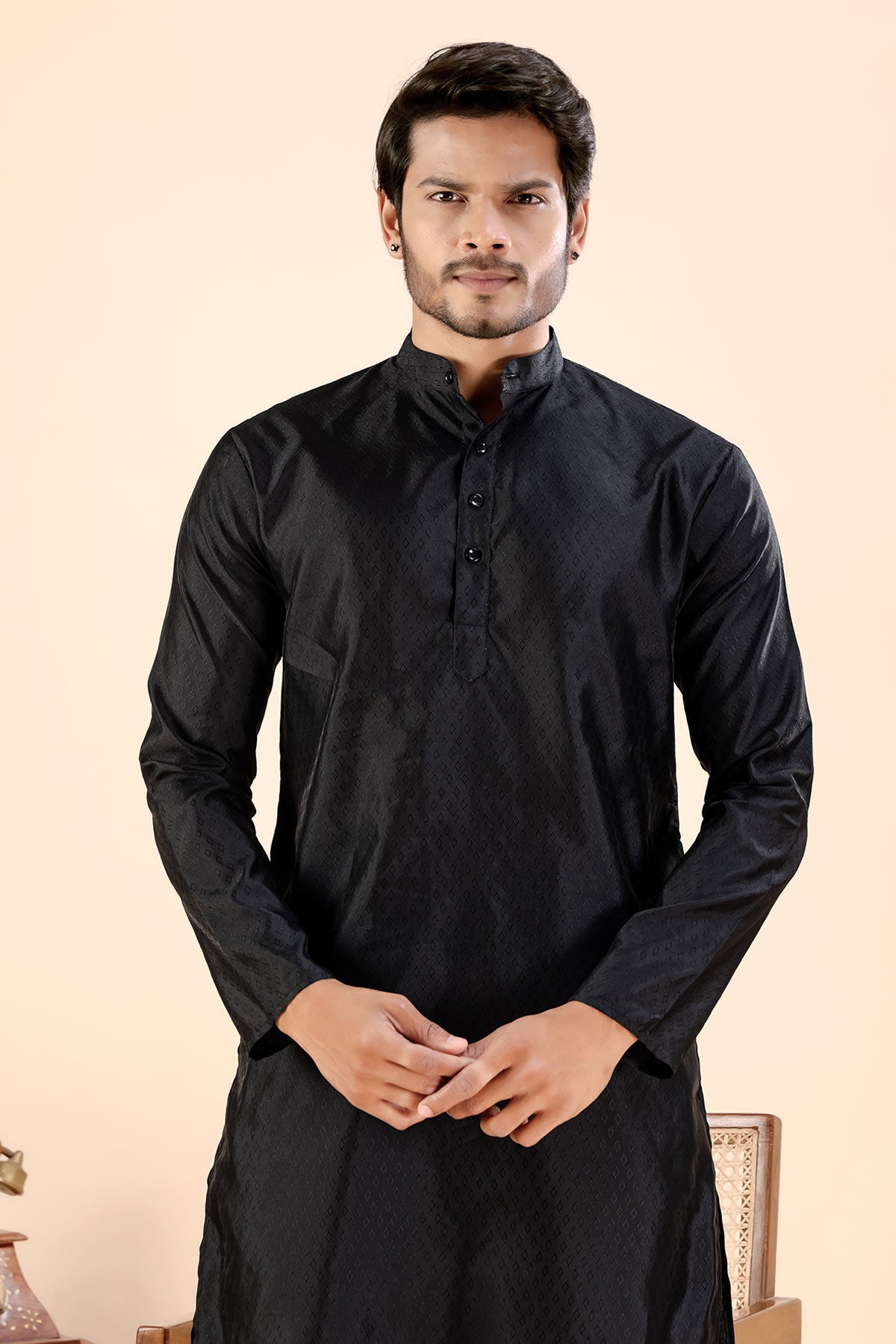 Buy Black Jhimi Silk Collar Kurta for men by Aastha Fashion online available at scrollnshops