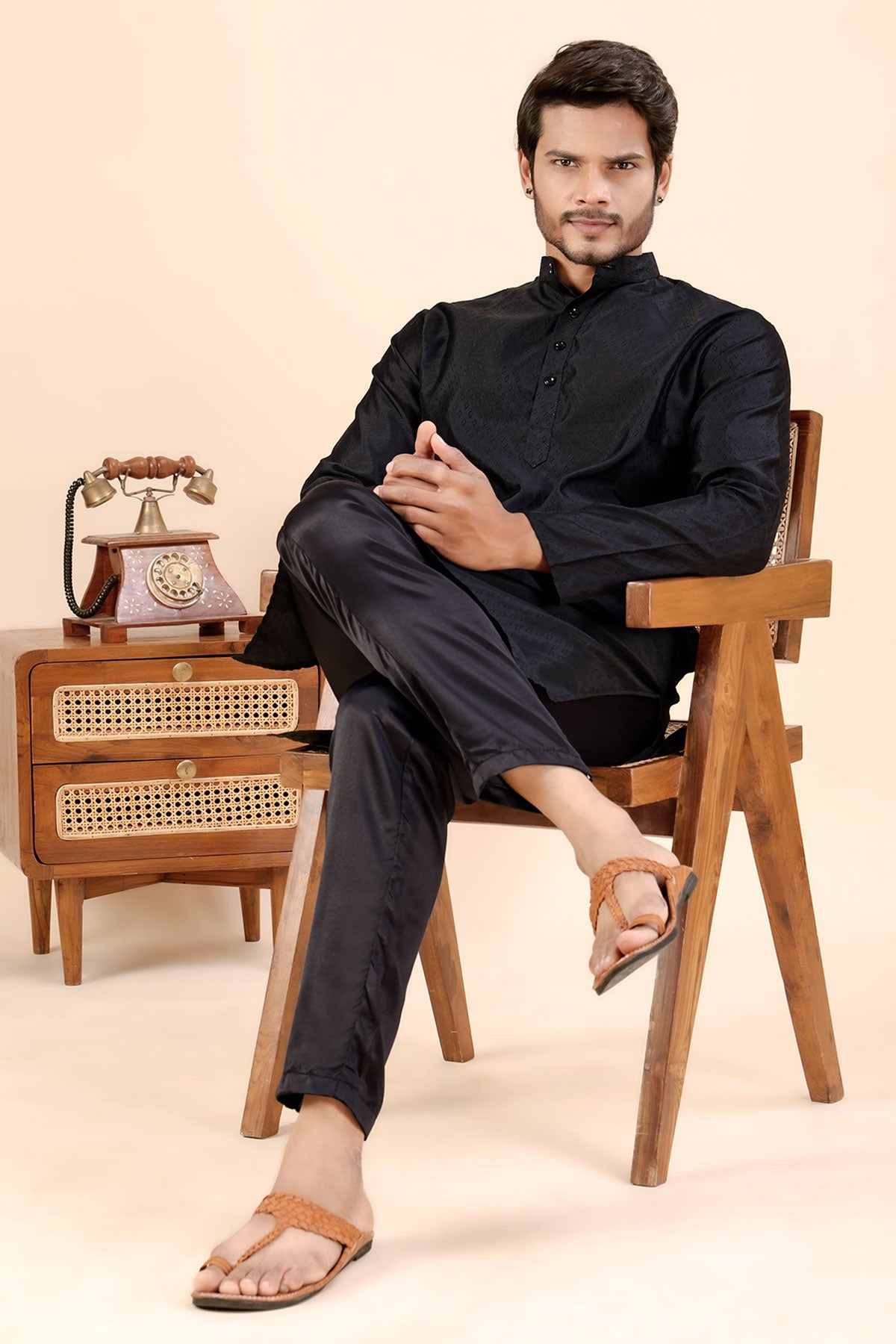 Black Jhimi Silk Collar Kurta
