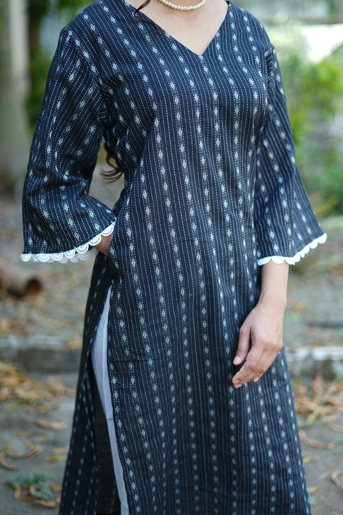 Black Kantha Cotton Kurta Set