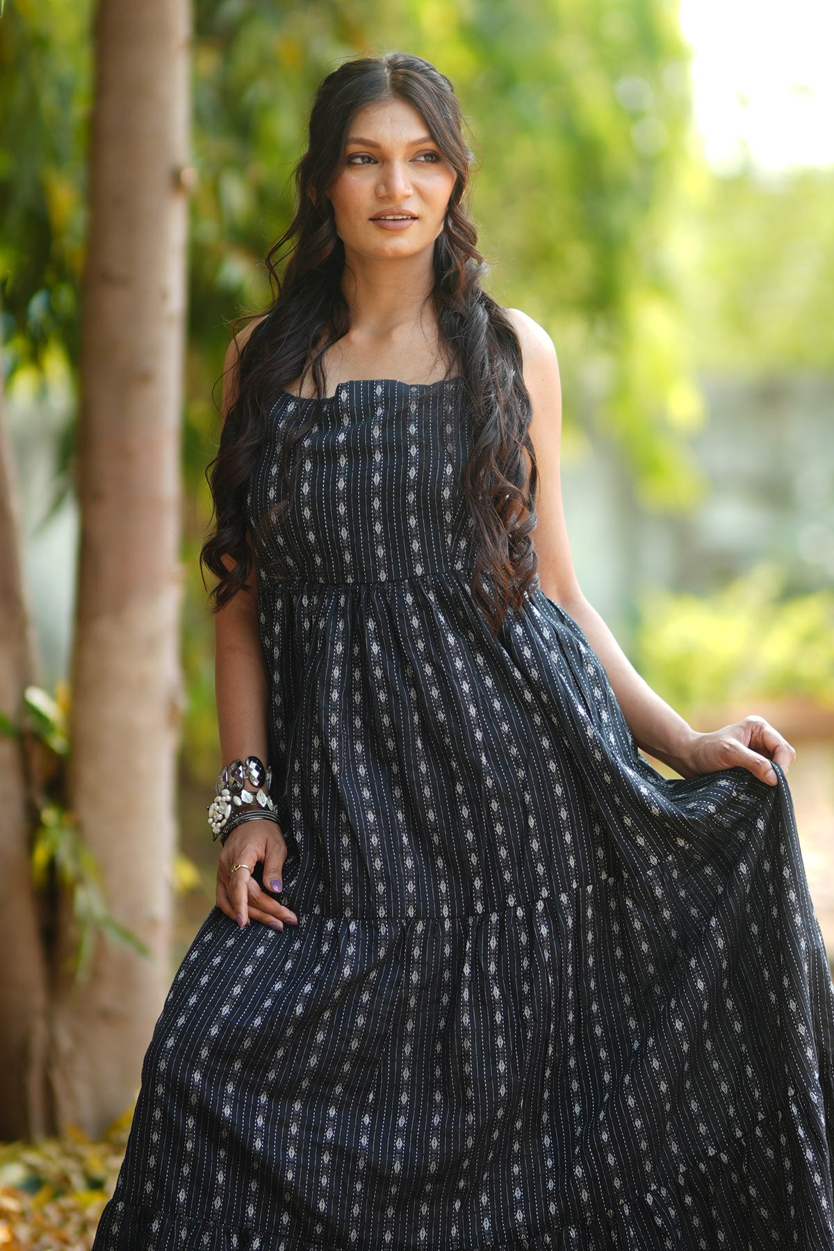 Black Kantha Tiered Maxi Dress