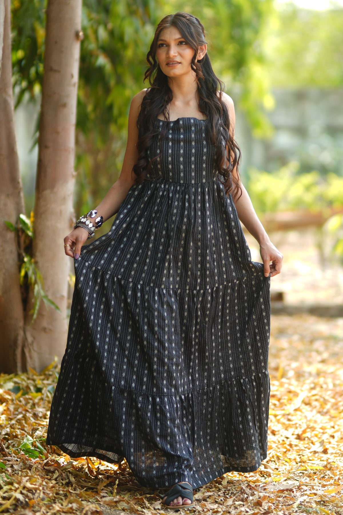 Black Kantha Tiered Maxi Dress
