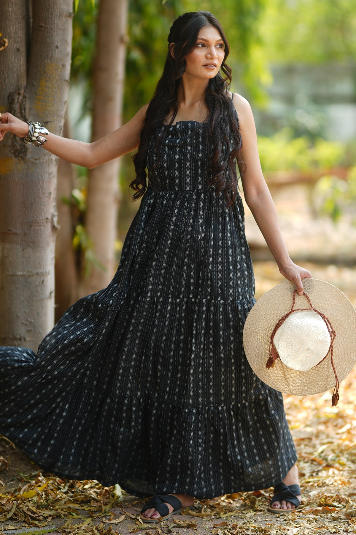 Black Kantha Tiered Maxi Dress