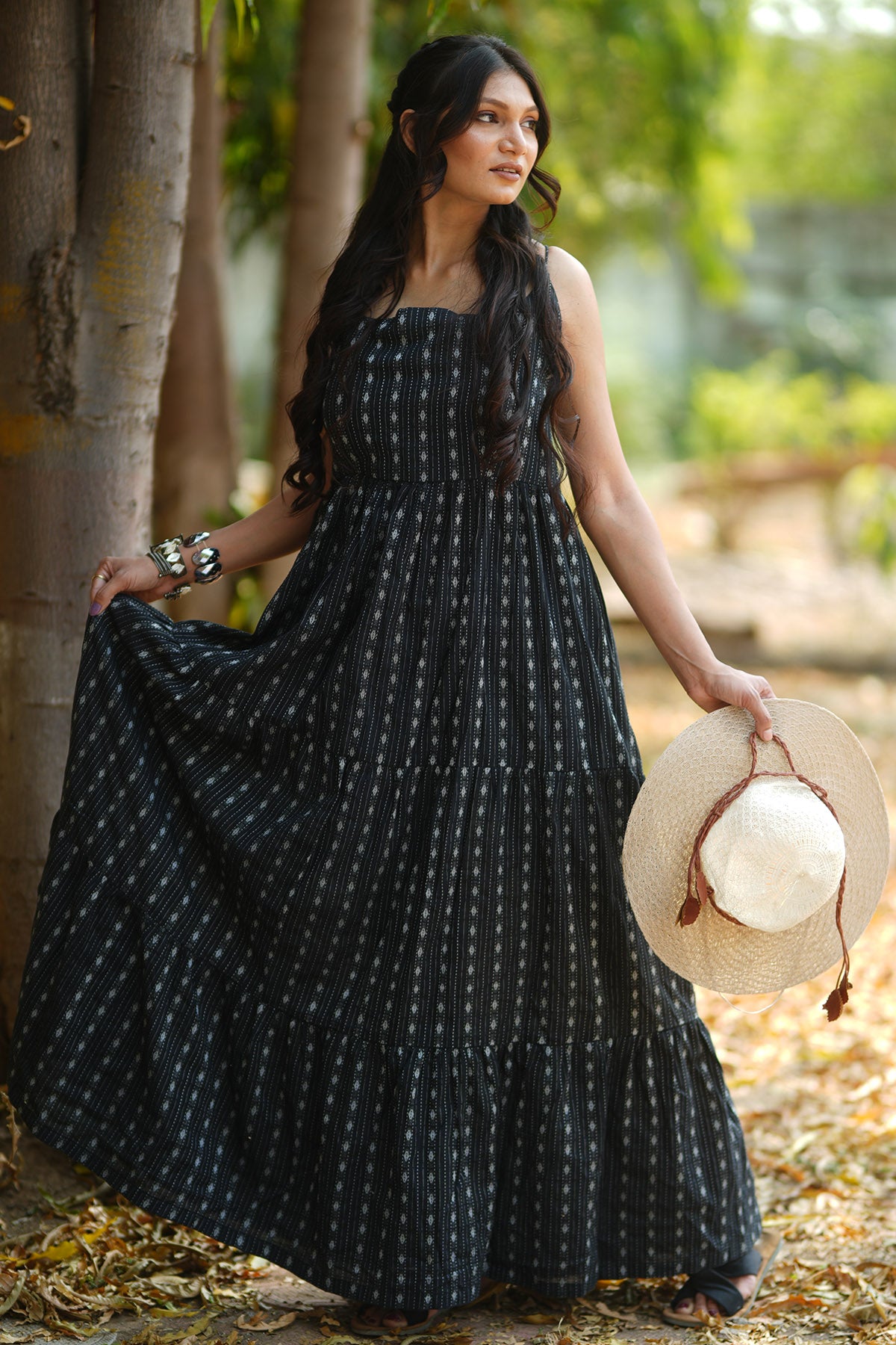 Black Kantha Tiered Maxi Dress