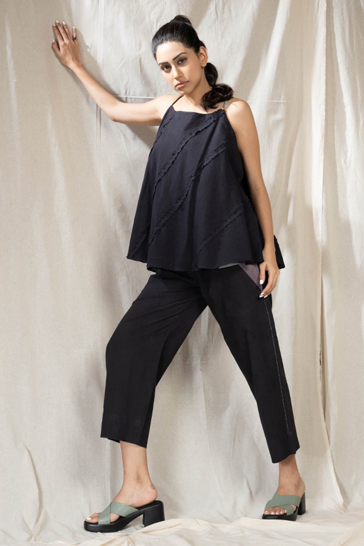 Black handwoven Cotton Spaghetti Co-ord Set