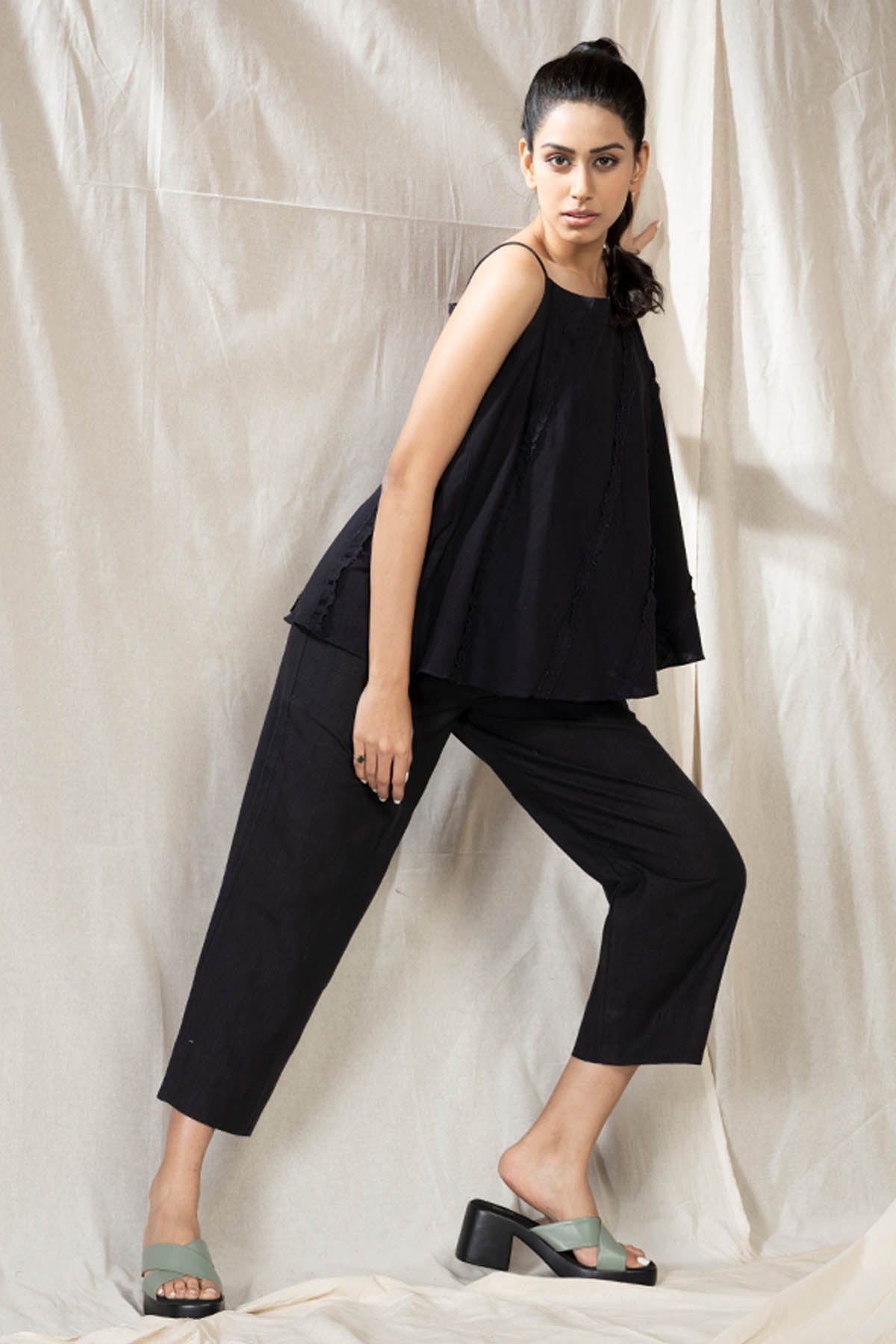 Black handwoven Cotton Spaghetti Co-ord Set