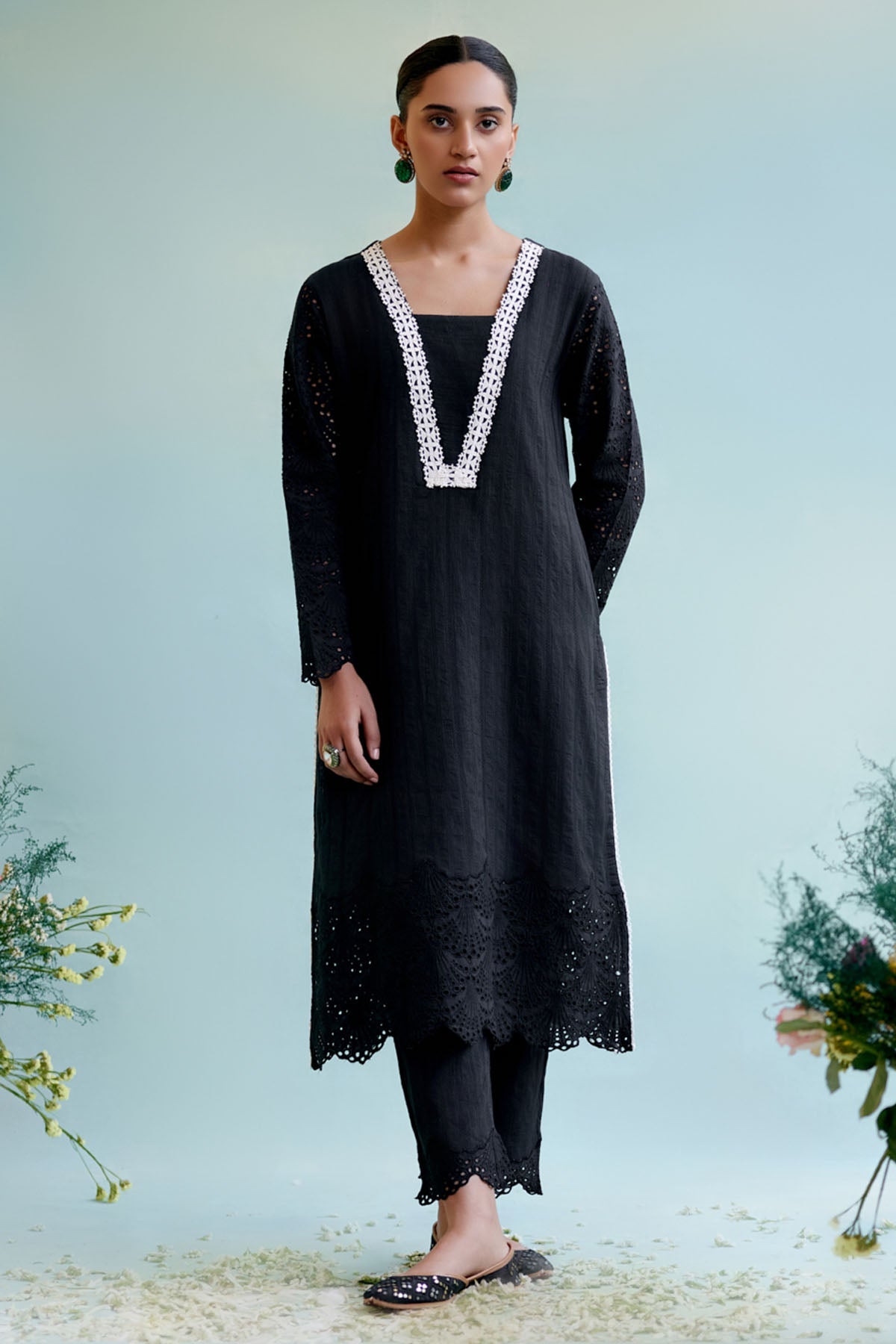 Nero Black Lace Cotton Kurta & Pants for women at ScrollnShops