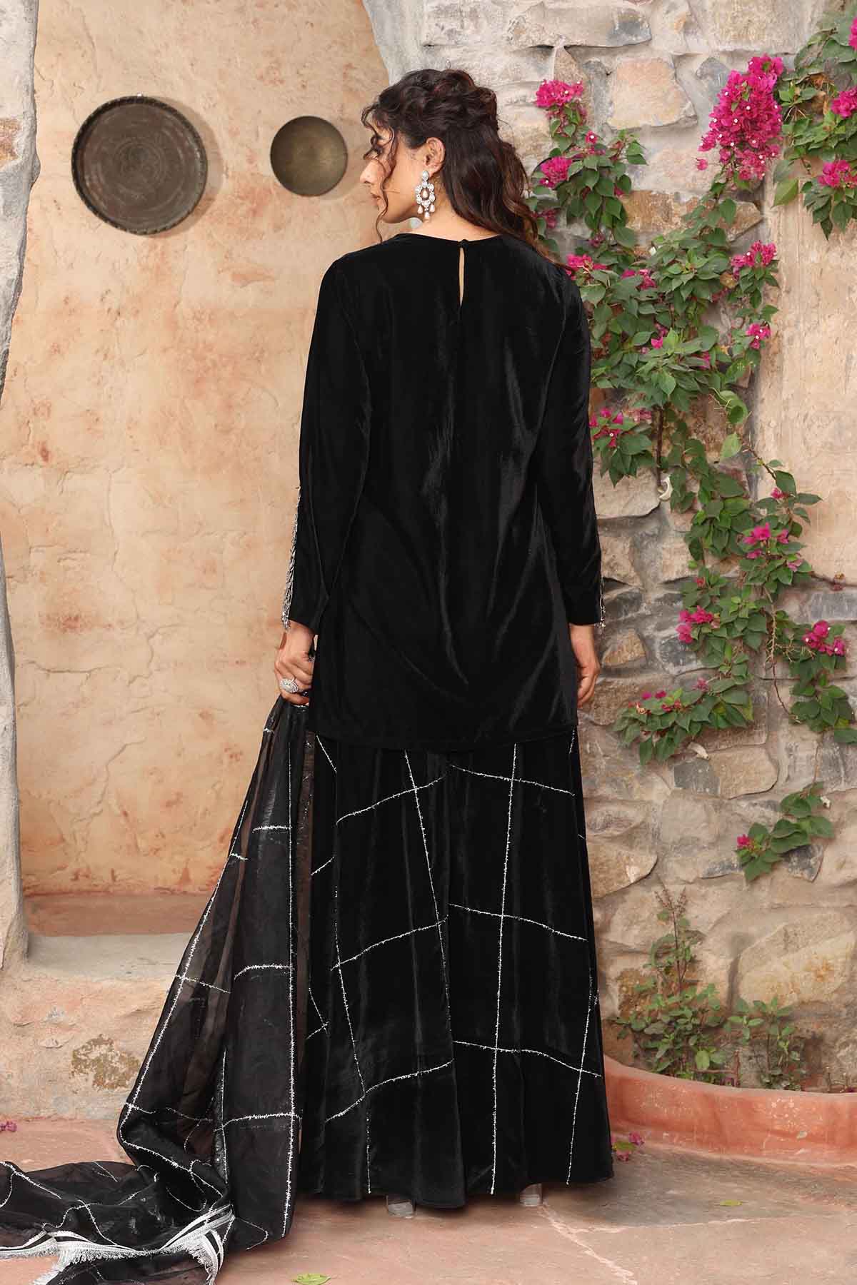 Black Lace Detail Sharara Set