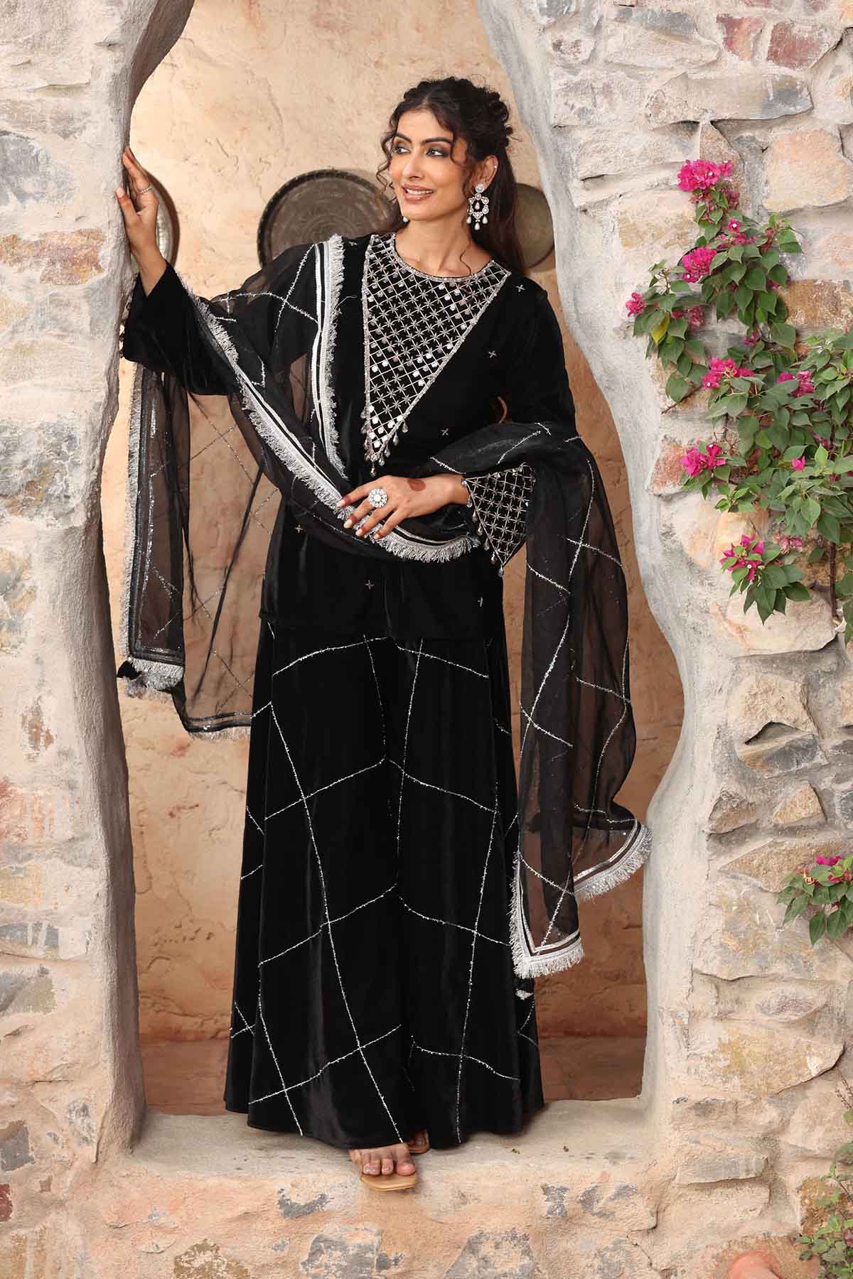 Black Lace Detail Sharara Set