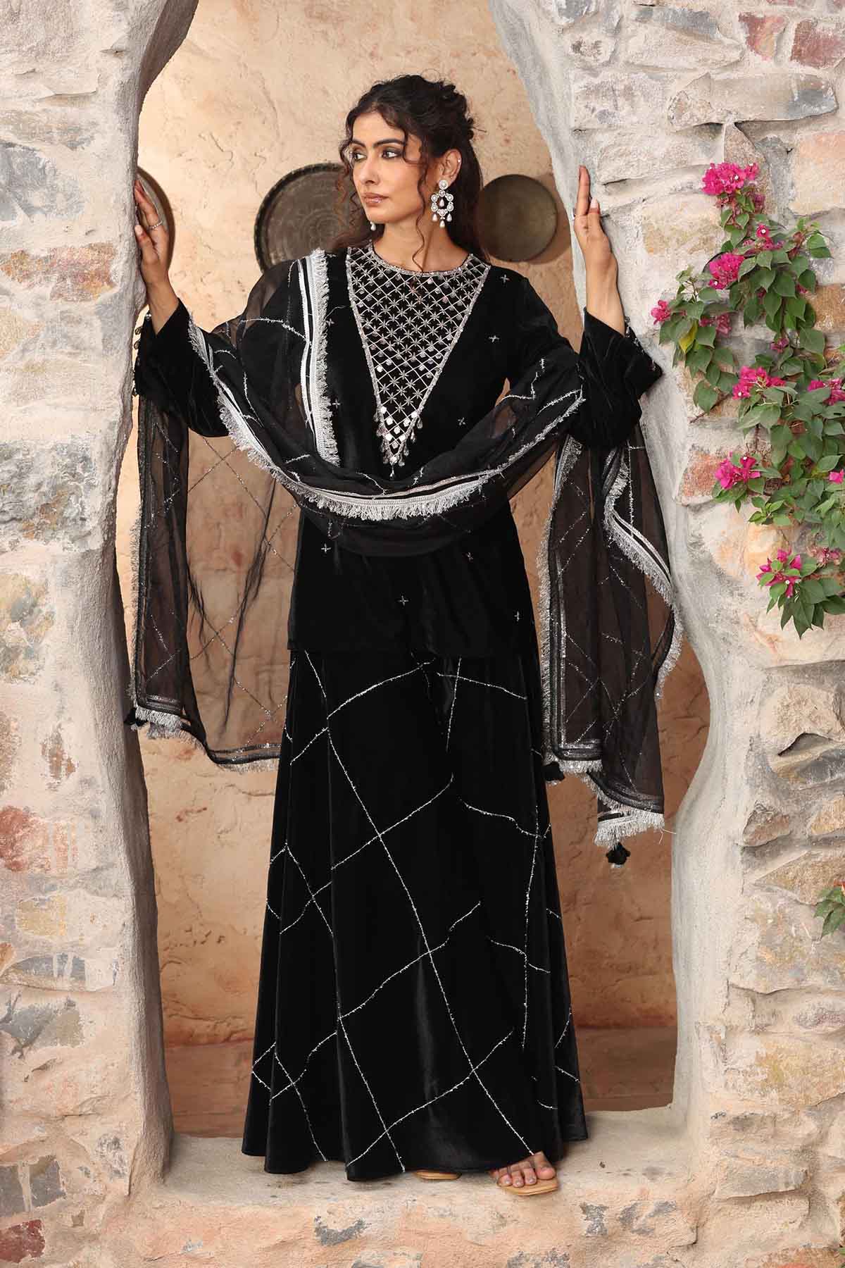 Buy Black Lace Detail Sharara Set Online