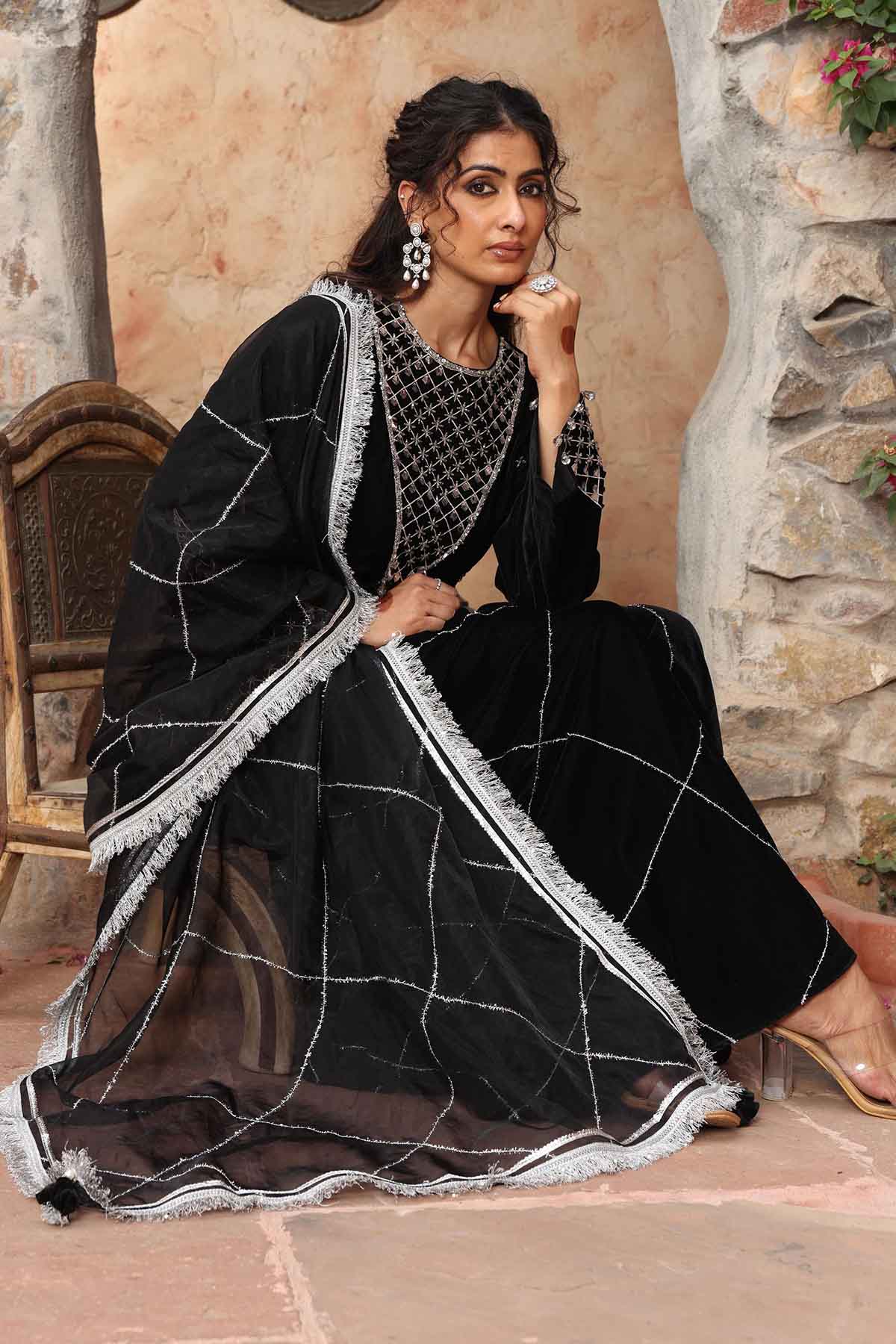 Black Lace Detail Sharara Set