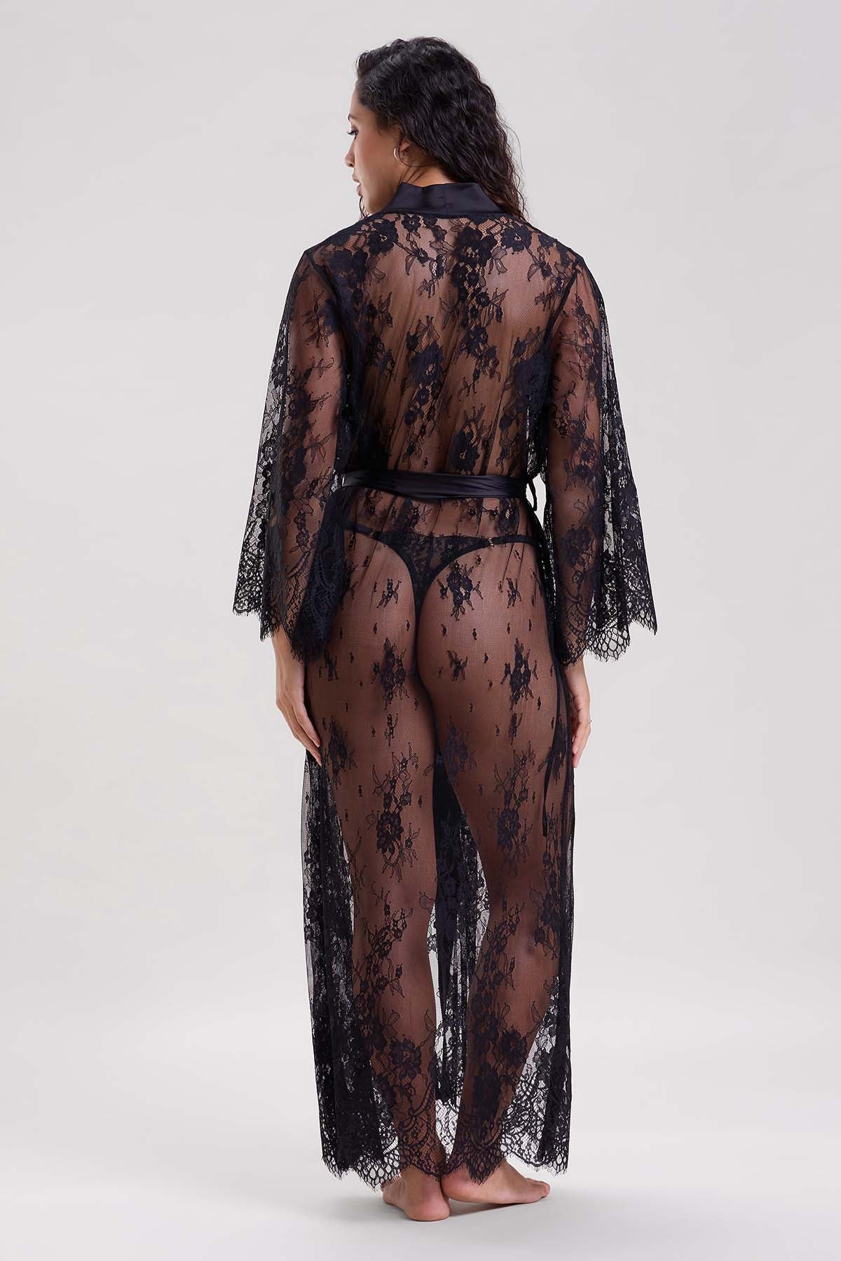 Black Lace Maxi Robe & Thong