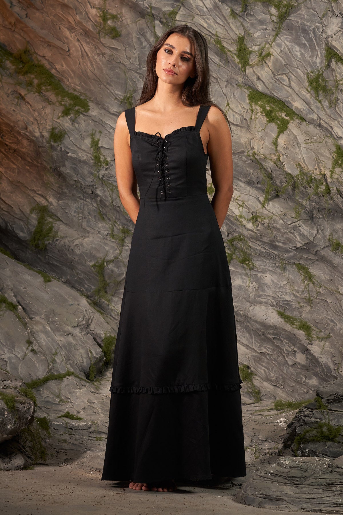 Black Lace Tie-up Neck Dress