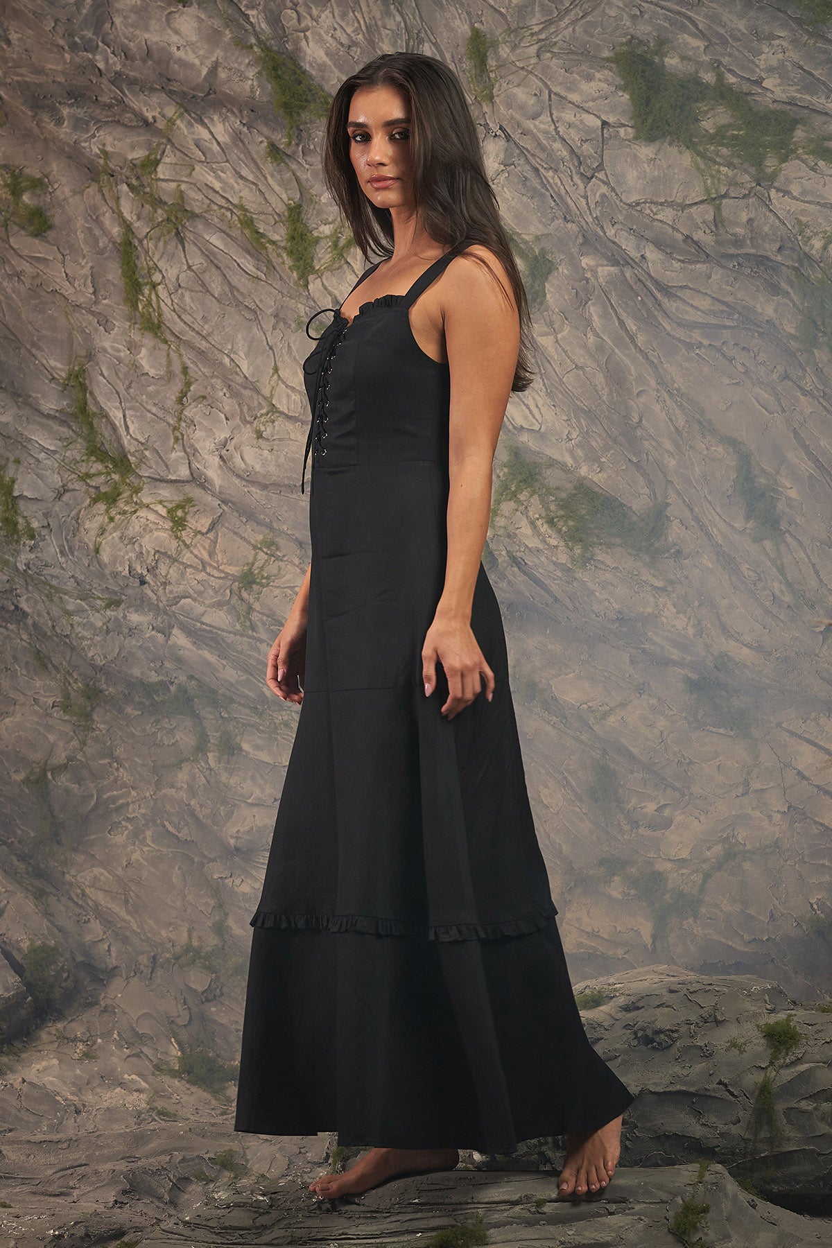 Black Lace Tie-up Neck Dress