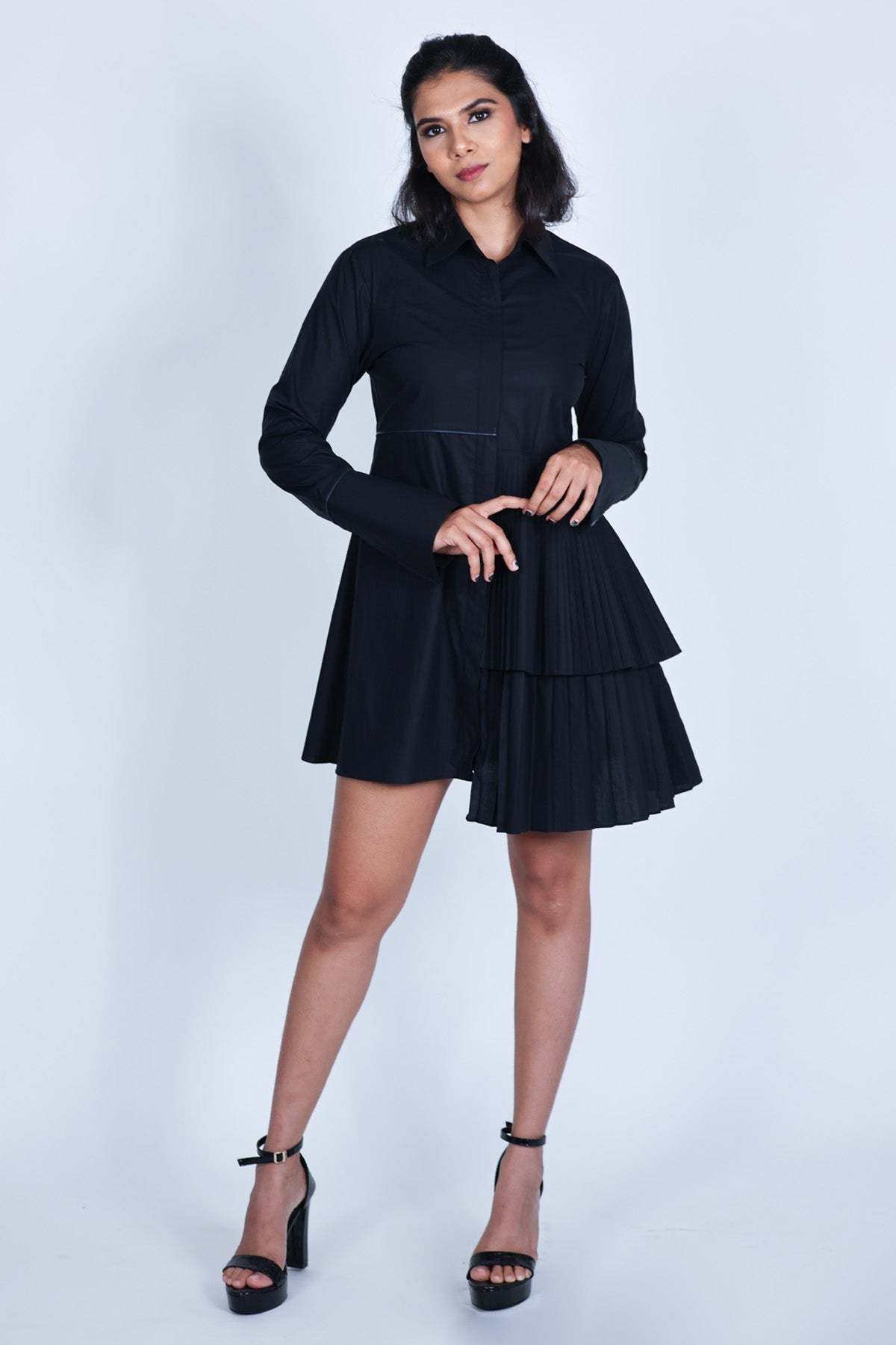 Arya Giri Black Layered Mini Shirt Dress for women online at ScrollnShops