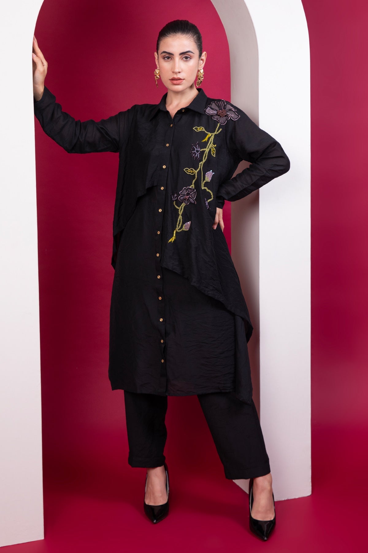 Buy Black Layered Shirt & Trousers by Label Kaleido for Women online at ScrollnShops