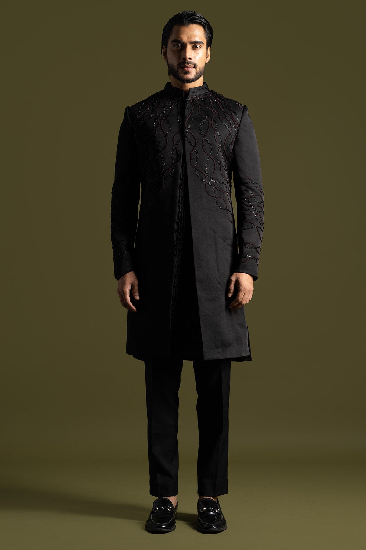Buy Black Linear Shaded Achkan Set for men by Paarsh Atelier online available at scrollnshops