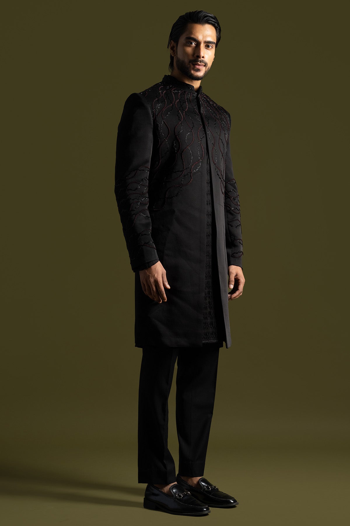 Black Linear Shaded Achkan Set