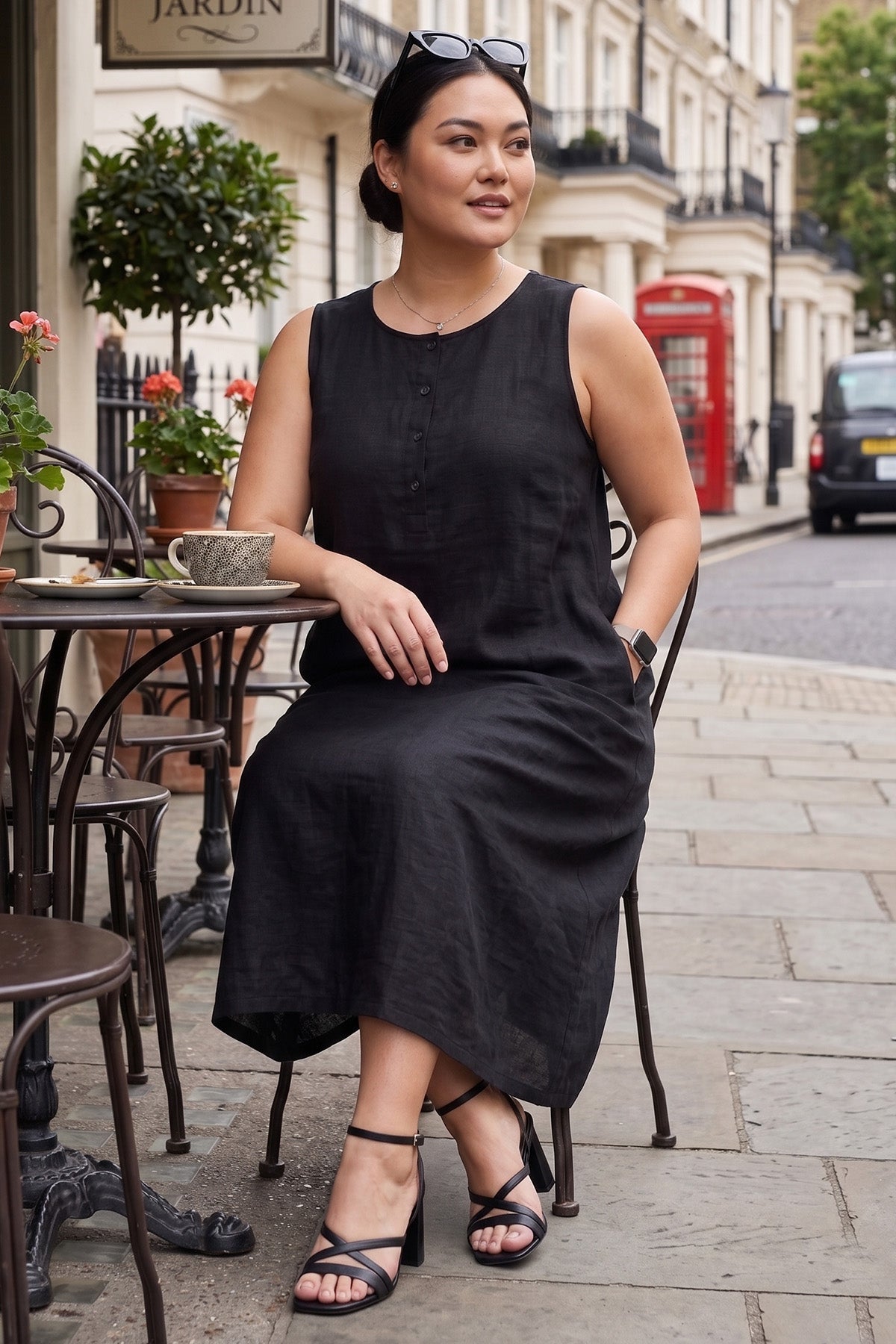 Black Linen Blend Midi Dress