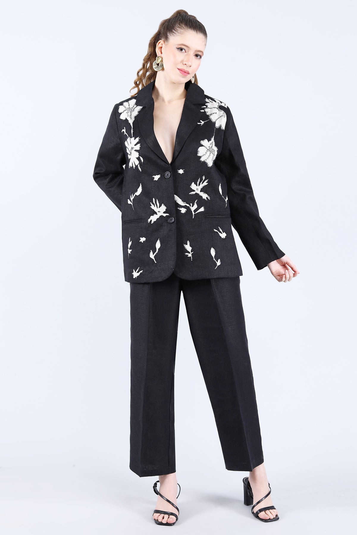 Black Linen Embroidered Blazer