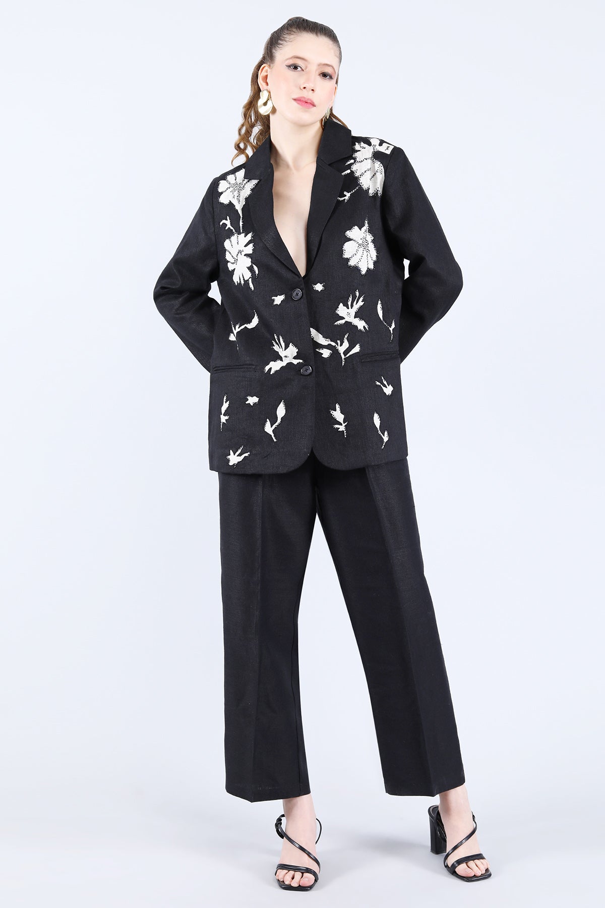 Buy Linen Bloom Black Linen Embroidered Blazer for women online available at ScrollnShops