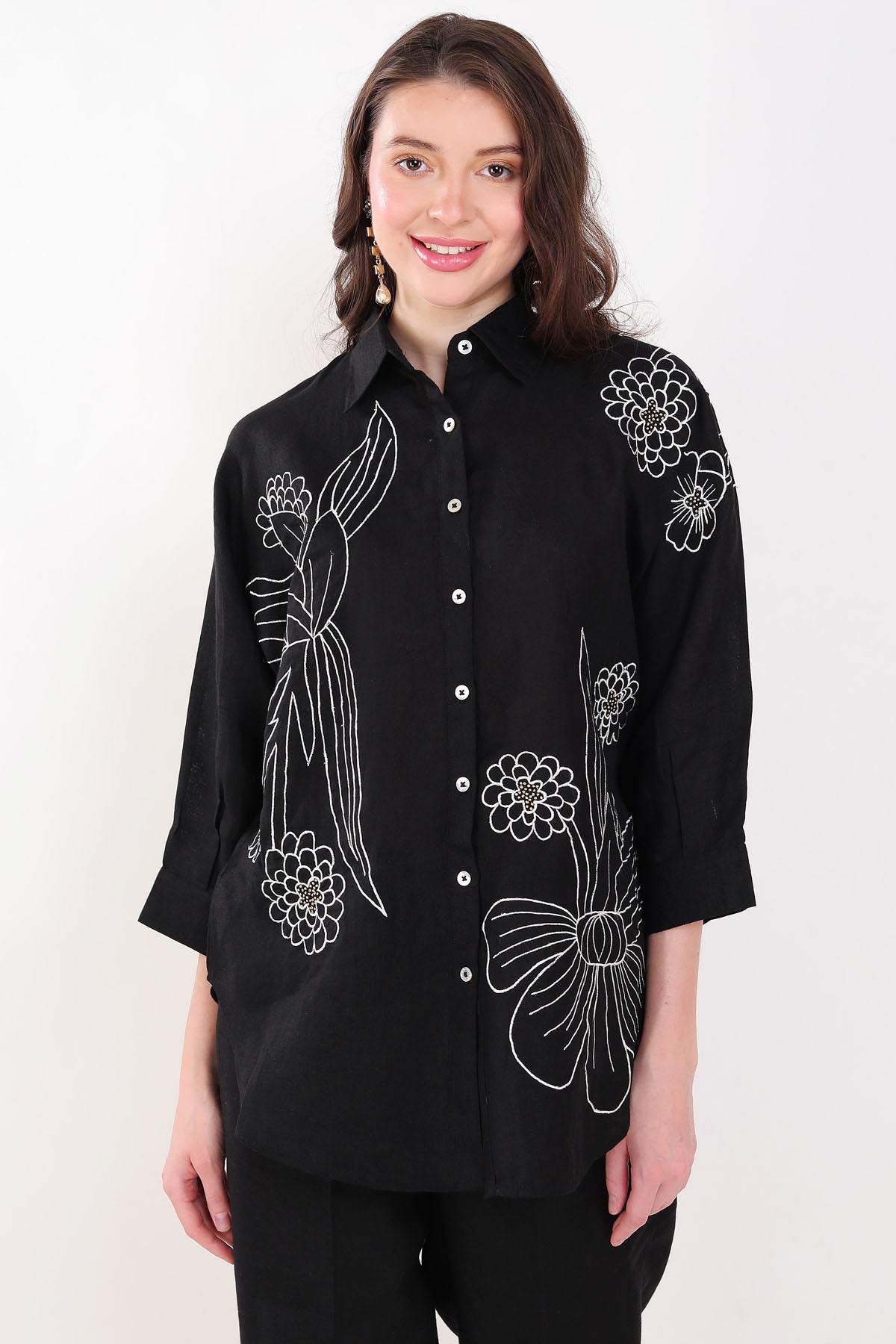 Linen Bloom Black Linen Embroidered Shirt for women online at ScrollnShops