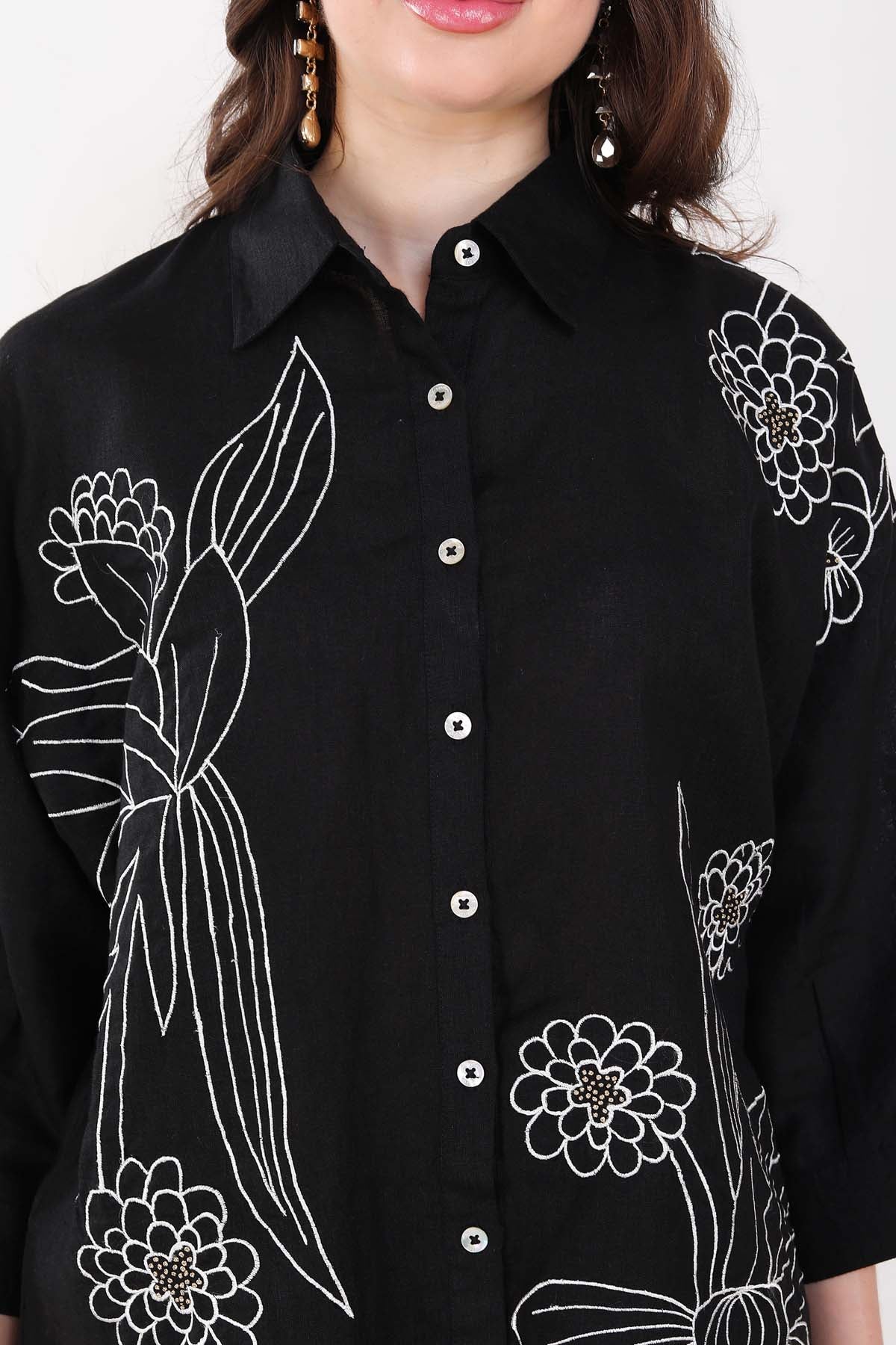 Black Linen Embroidered Shirt