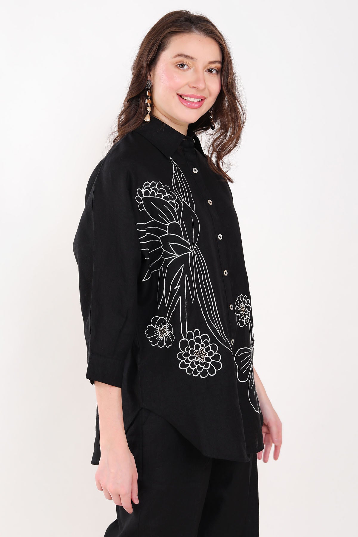 Black Linen Embroidered Shirt