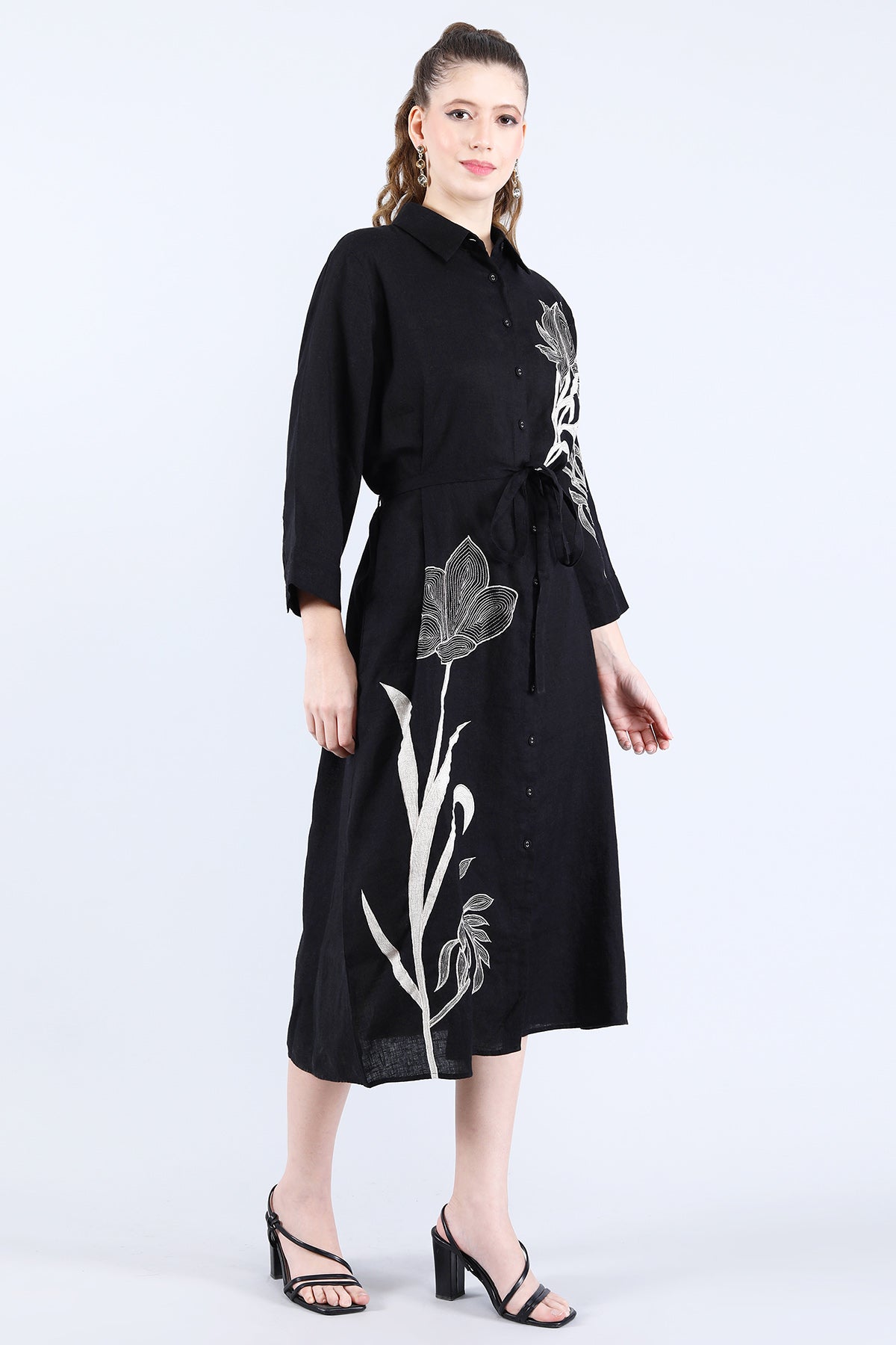 Black Linen Floral Midi Dress