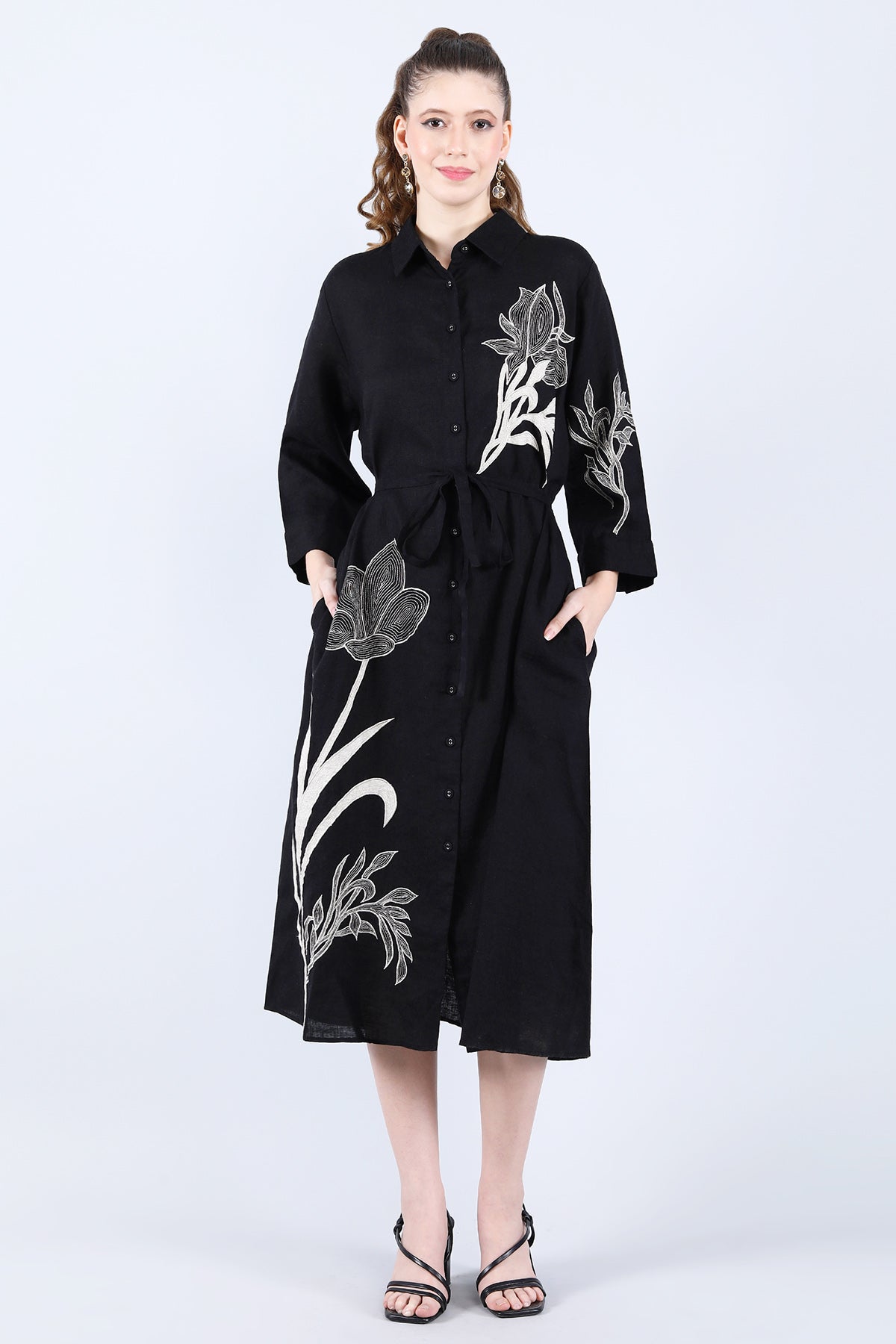 Buy Linen Bloom Black Linen Floral Midi Dress for women online available at ScrollnShops
