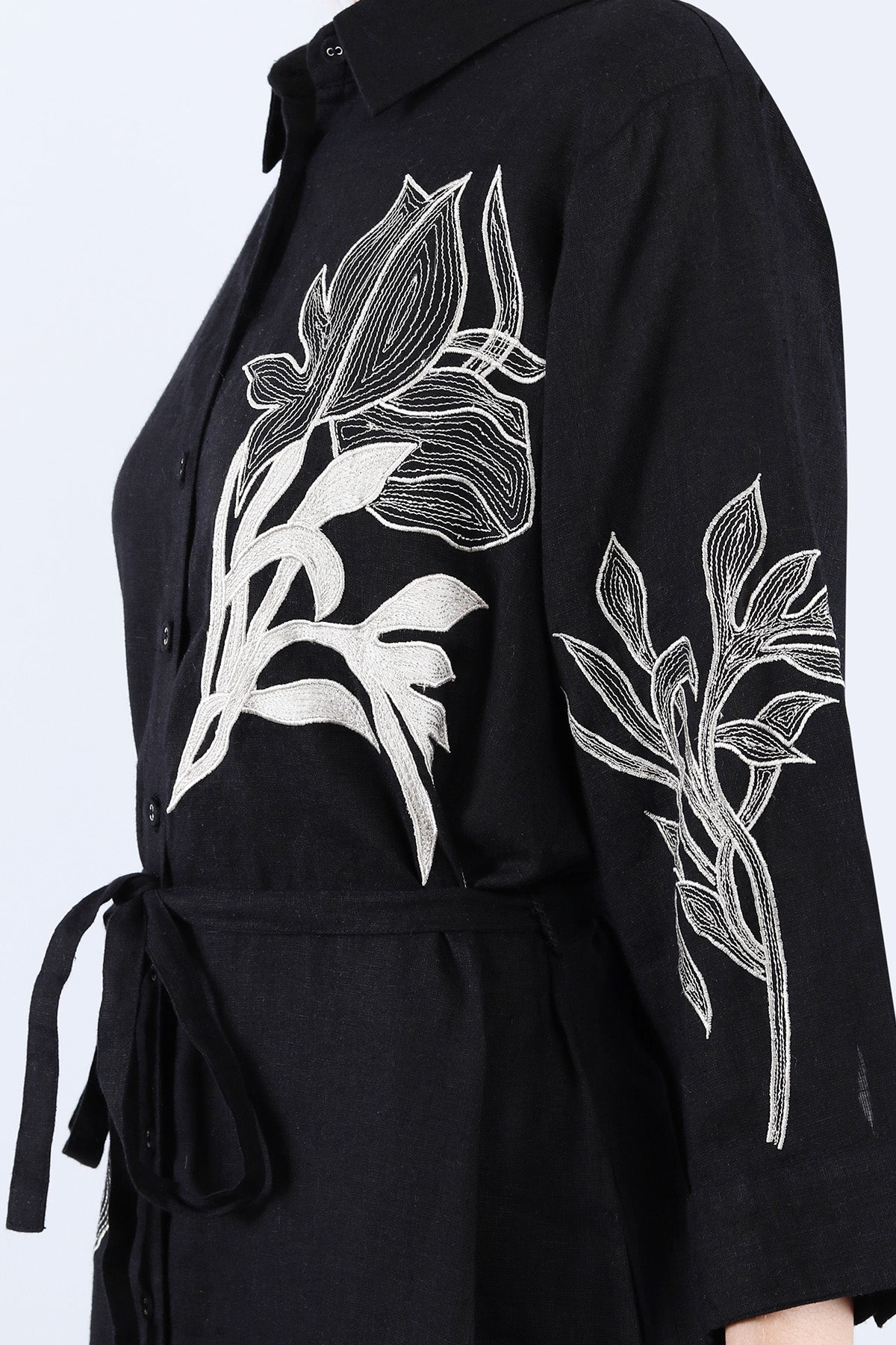 Black Linen Floral Midi Dress