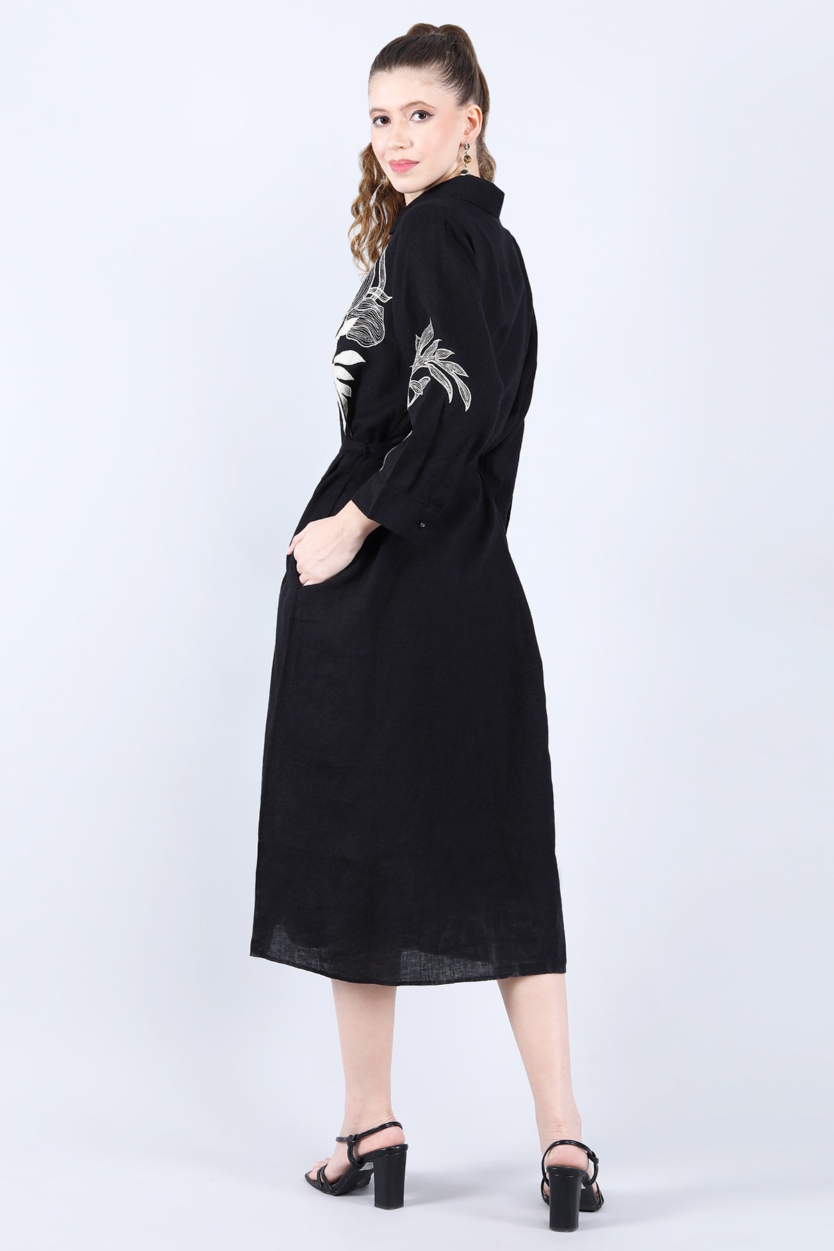 Black Linen Floral Midi Dress