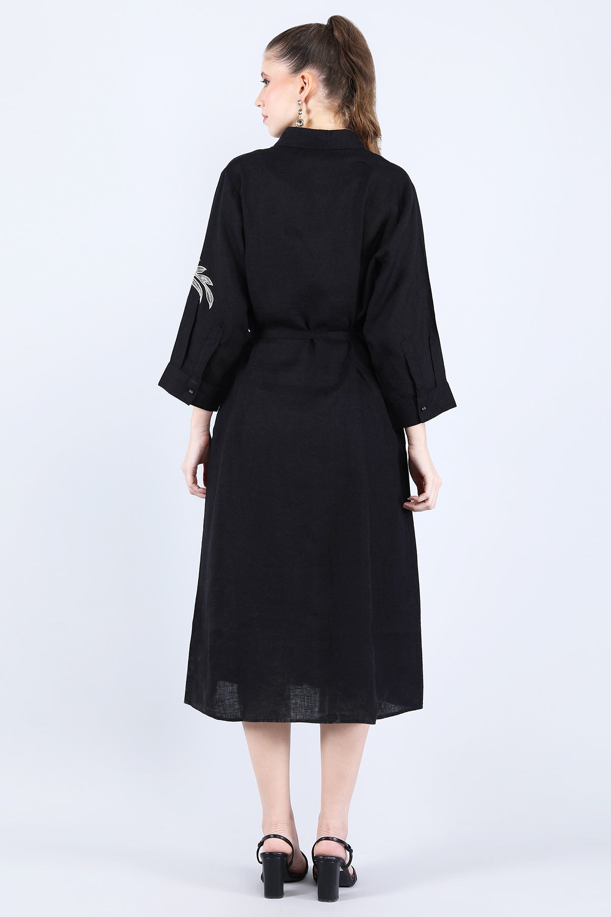 Black Linen Floral Midi Dress