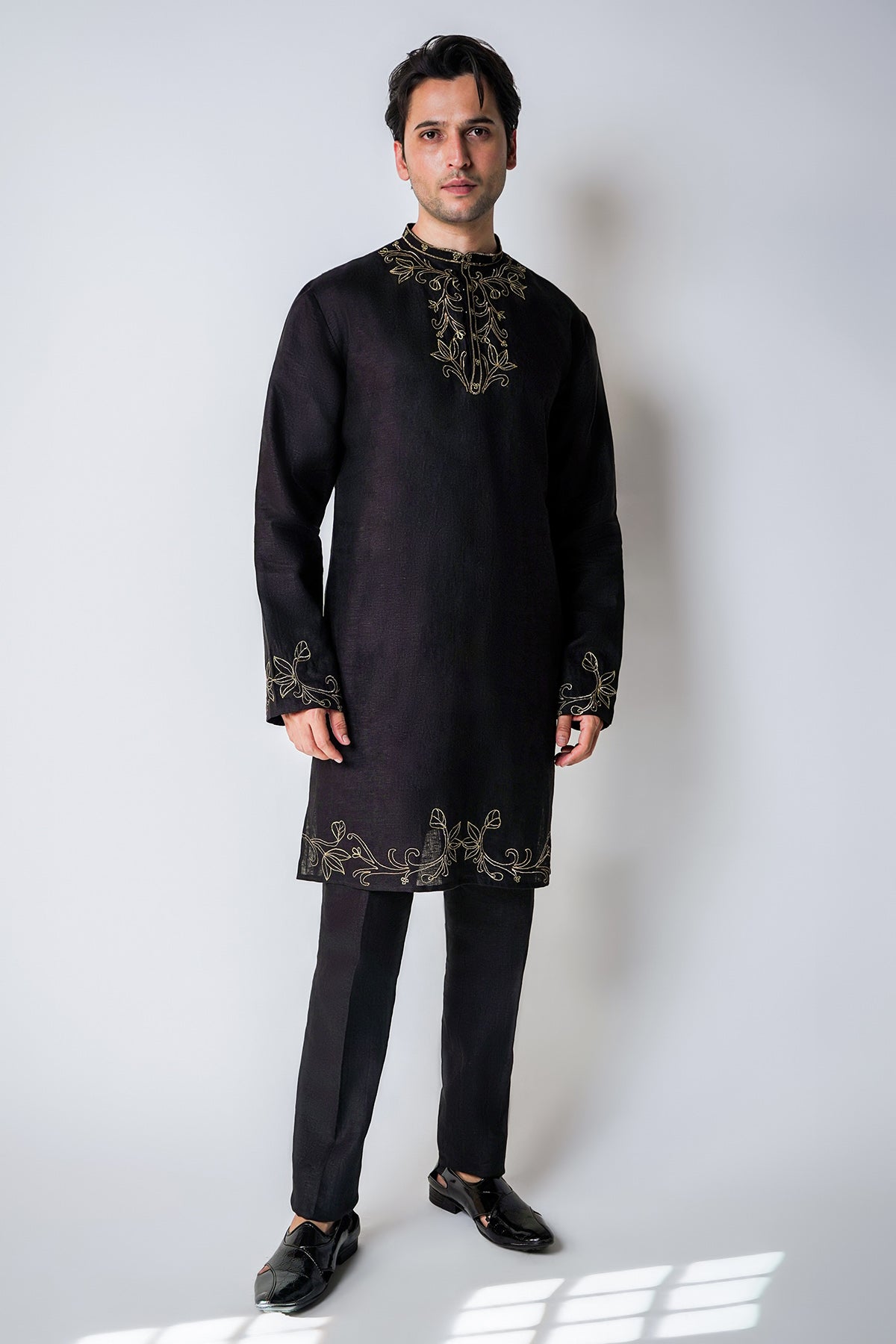 Buy Black Linen Handwork Kurta Set for men by House of Sheriff online available at scrollnshops