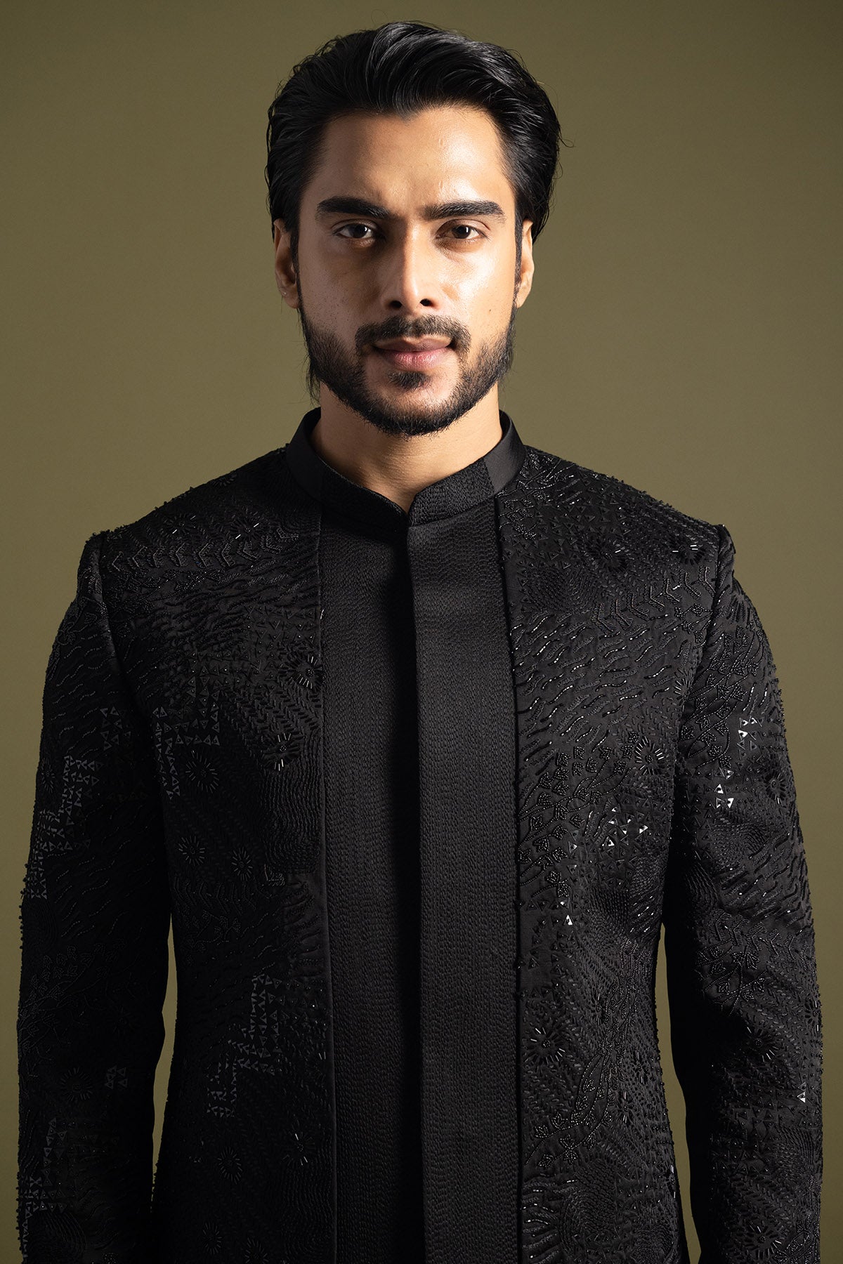 Black Linen Satin Achkan Set