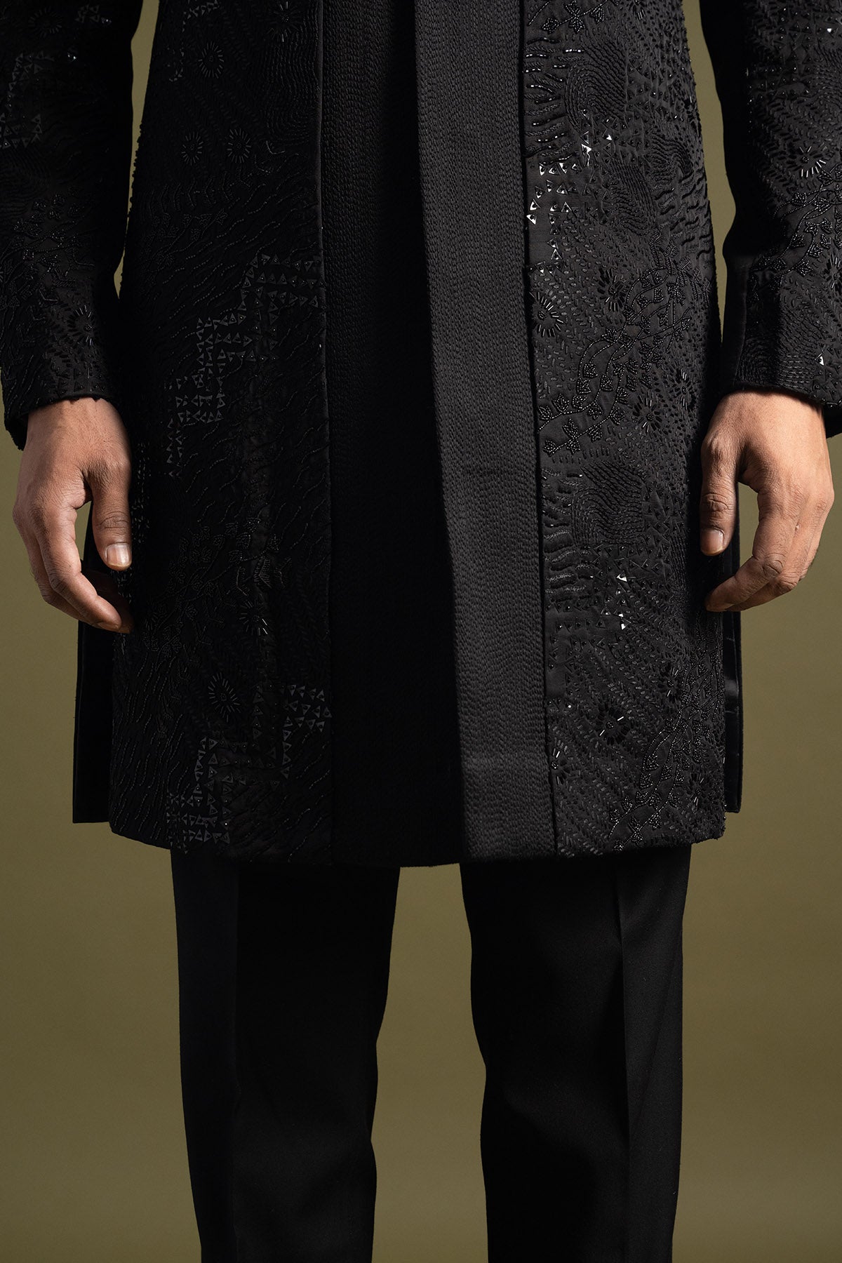 Black Linen Satin Achkan Set