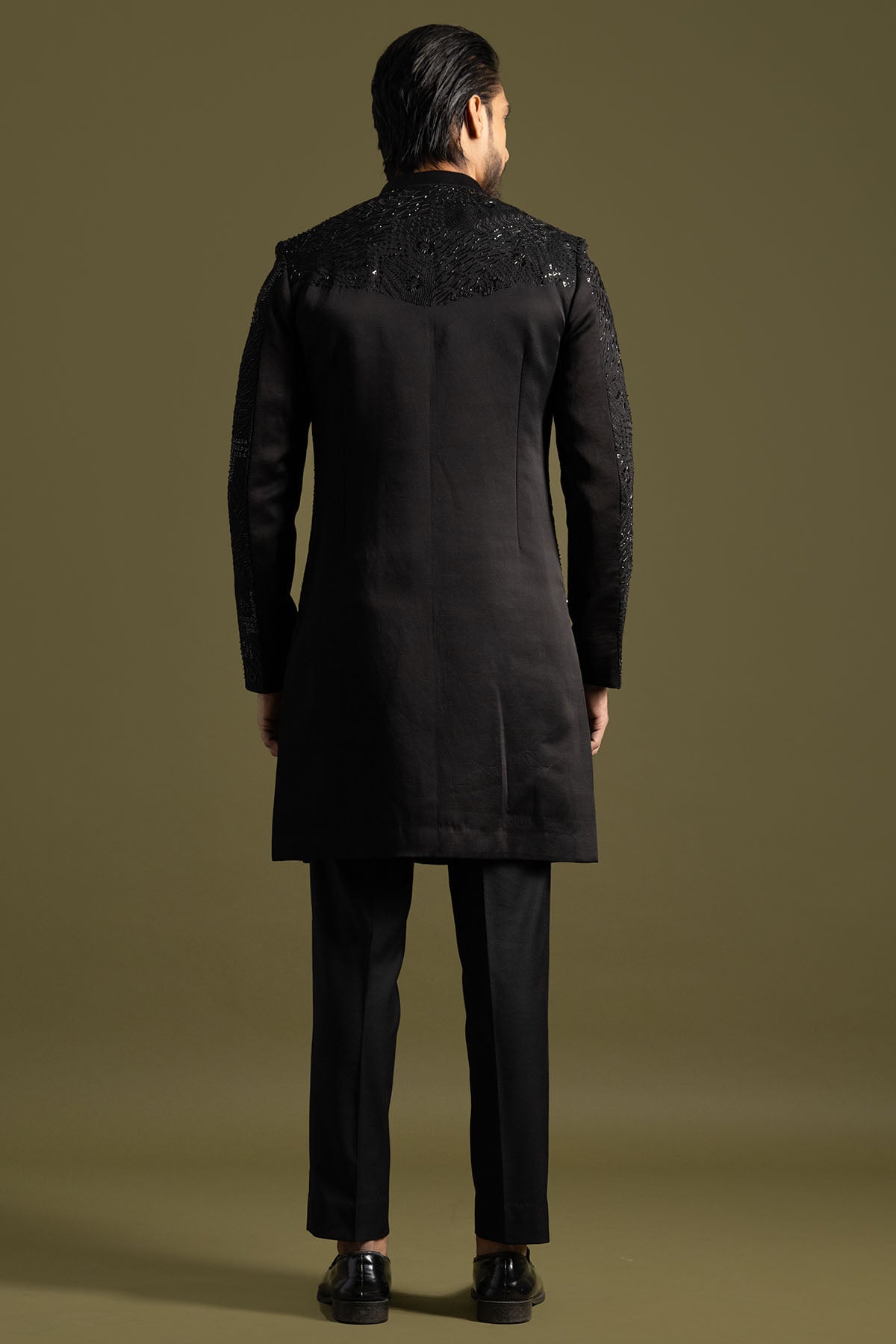 Black Linen Satin Achkan Set
