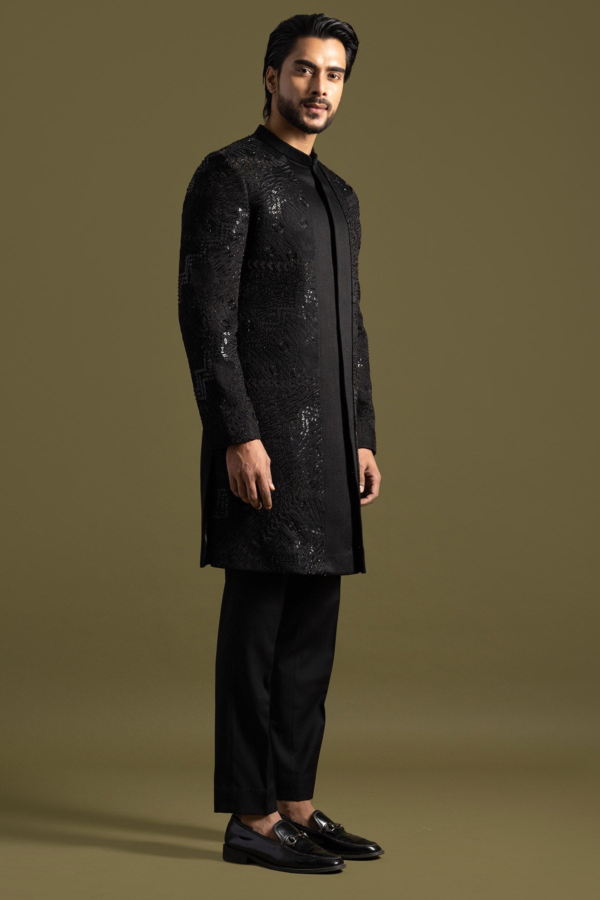 Black Linen Satin Achkan Set