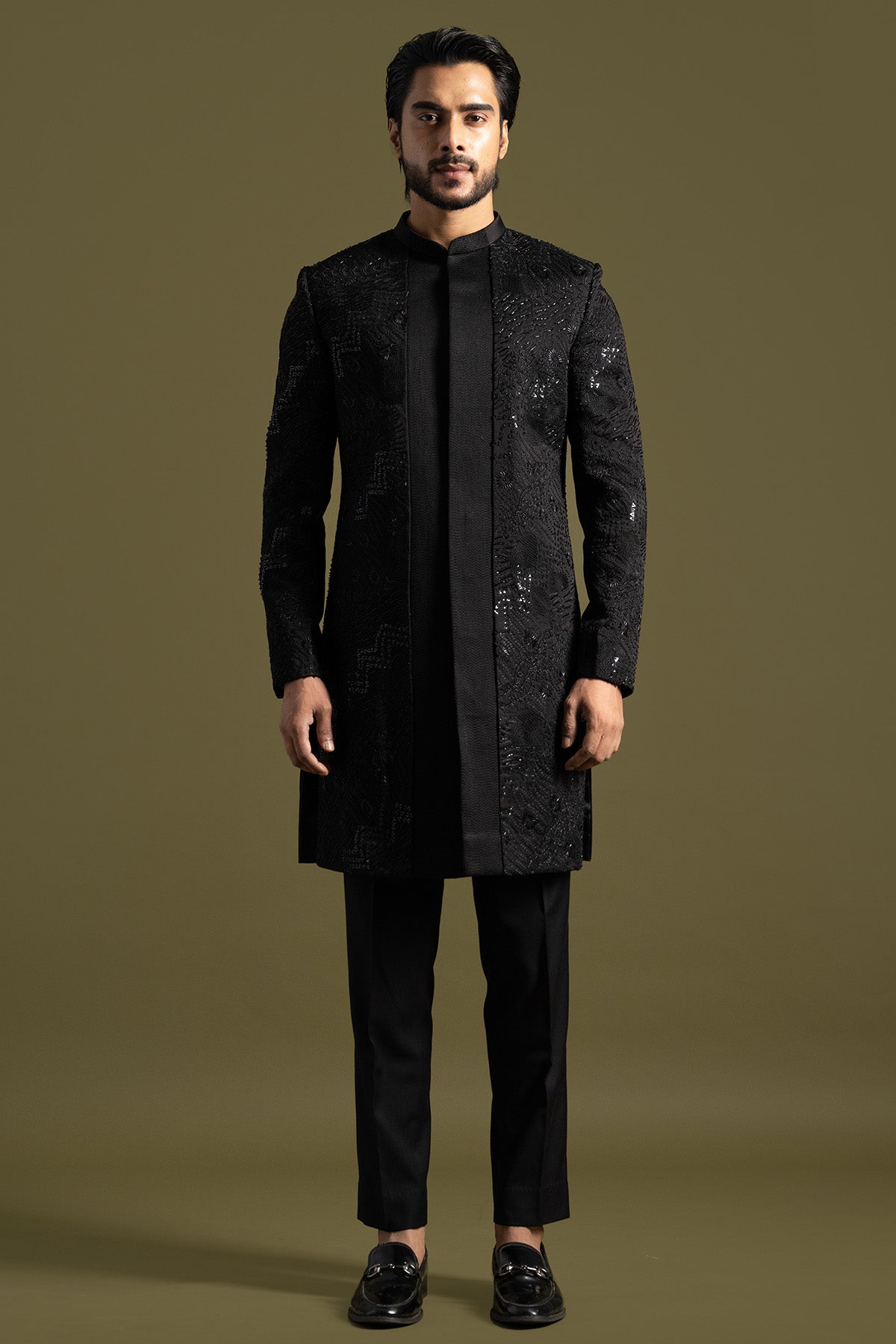 Buy Black Linen Satin Achkan Set for men by Paarsh Atelier online available at scrollnshops