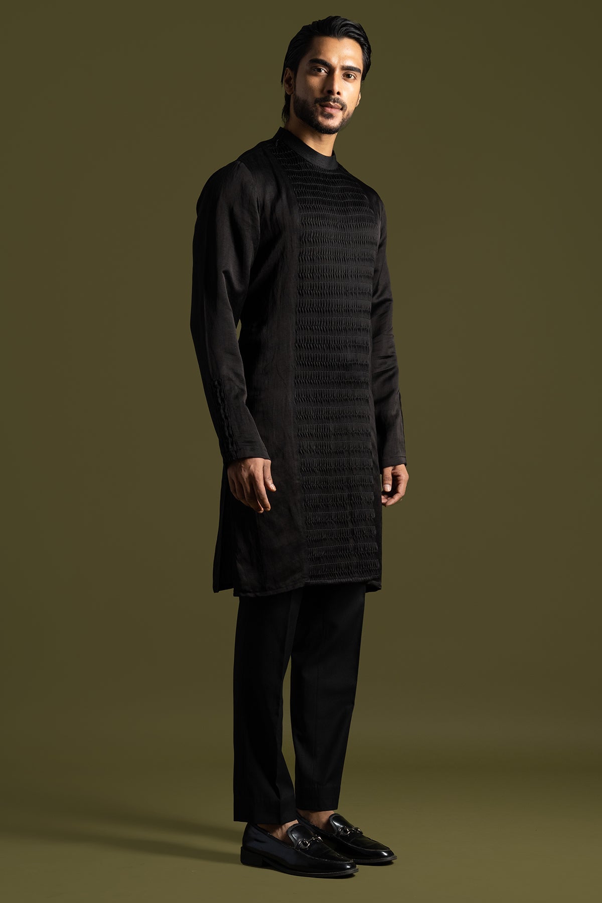 Buy Black Linen Satin Kurta & Pants for men by Paarsh Atelier online available at scrollnshops