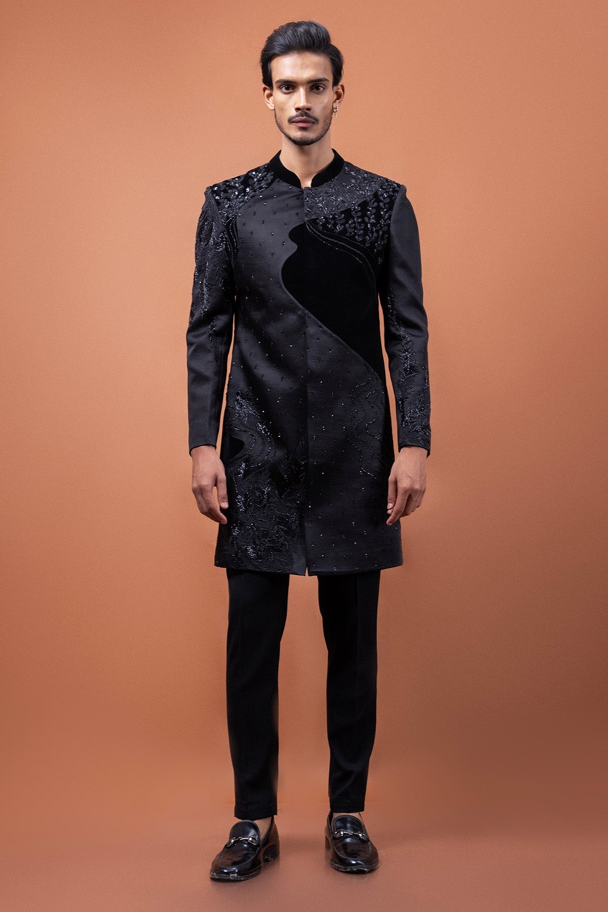 Buy Black Linen Satin Motifs Jacket for men by Paarsh Atelier online available at scrollnshops