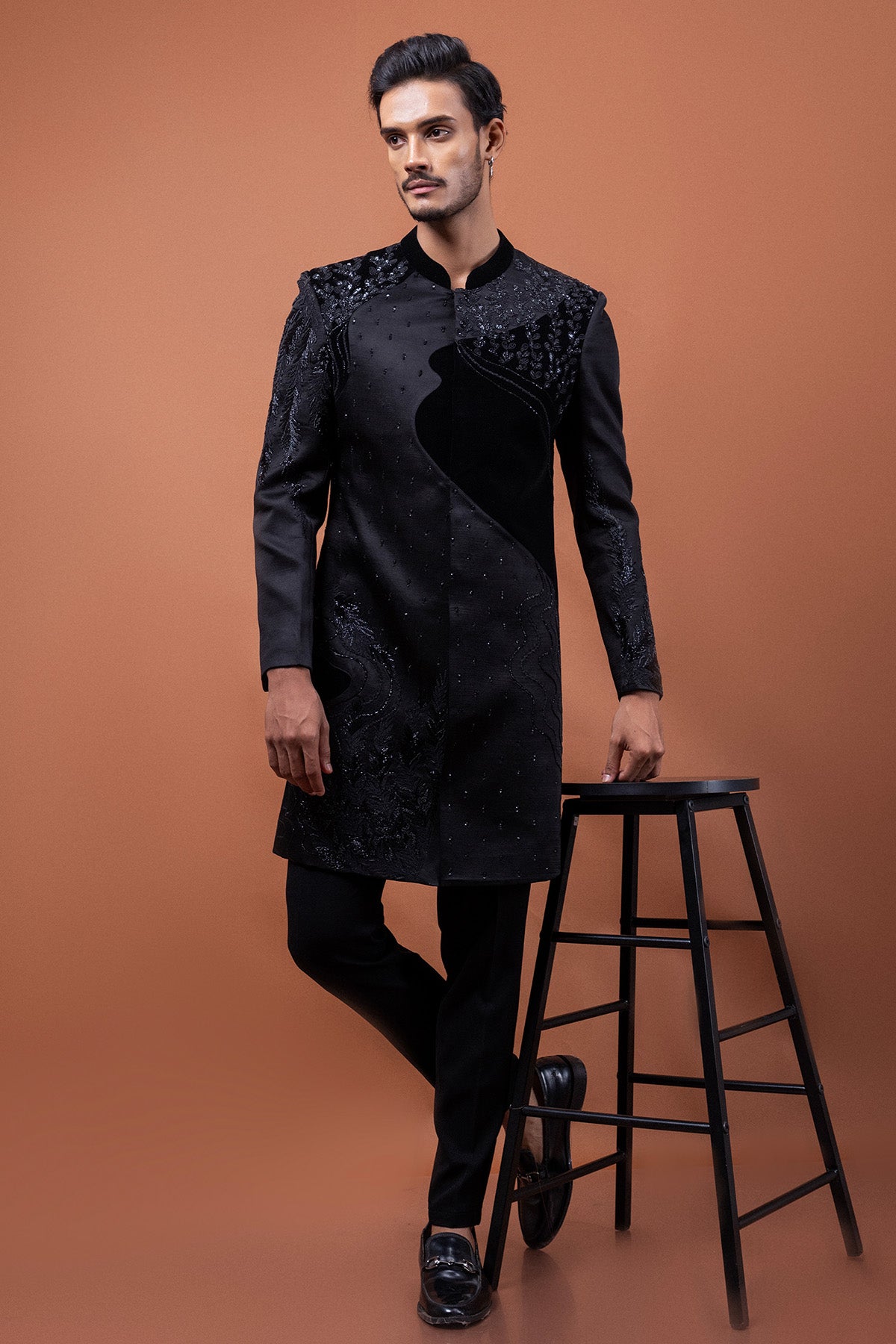 Black Linen Satin Motifs Jacket