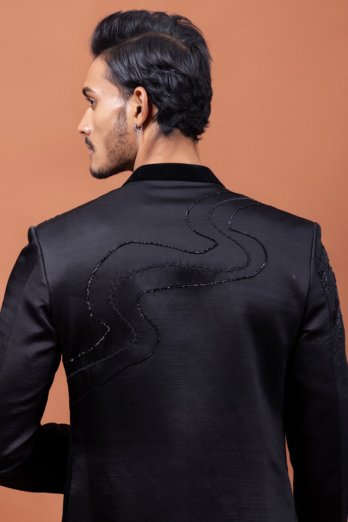 Black Linen Satin Motifs Jacket