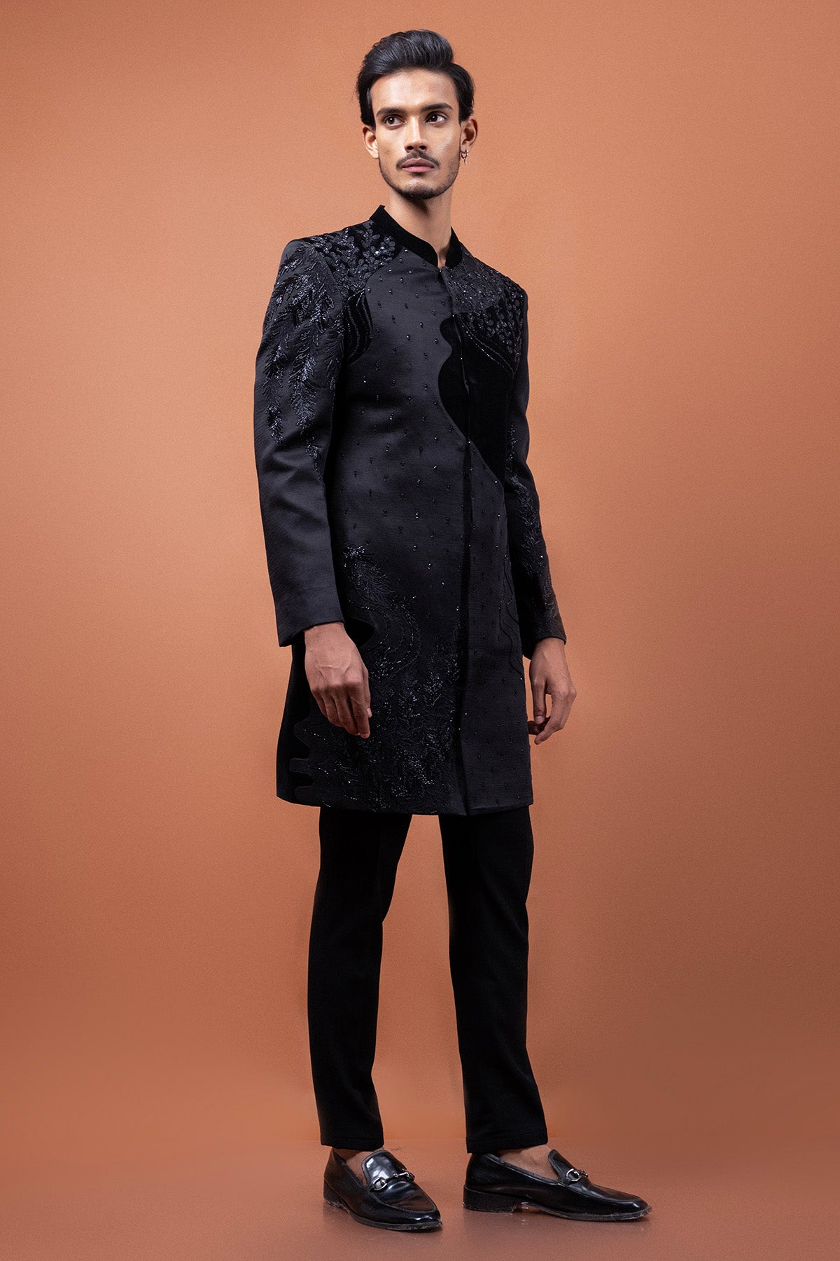 Black Linen Satin Motifs Jacket